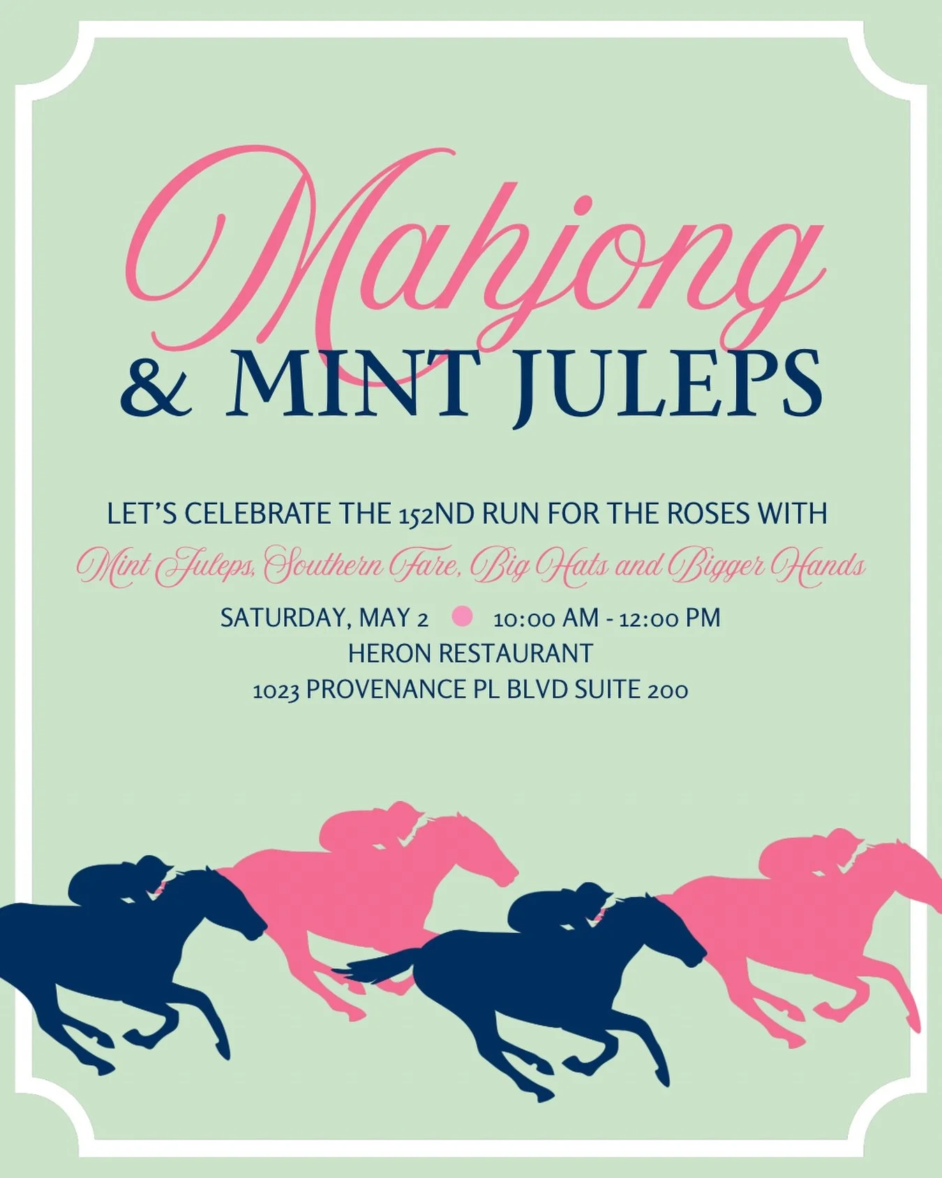 Saddle up and join us for Mahjong &amp; Mint Juleps! 🌹🏇Where tiles, southern fare, and big hats come together. Come run for the roses with us!
📅 Saturday, May 2nd | 10:00 AM &ndash; 12:00 PM 📍 @heronprovenance 
Link in bio to register!