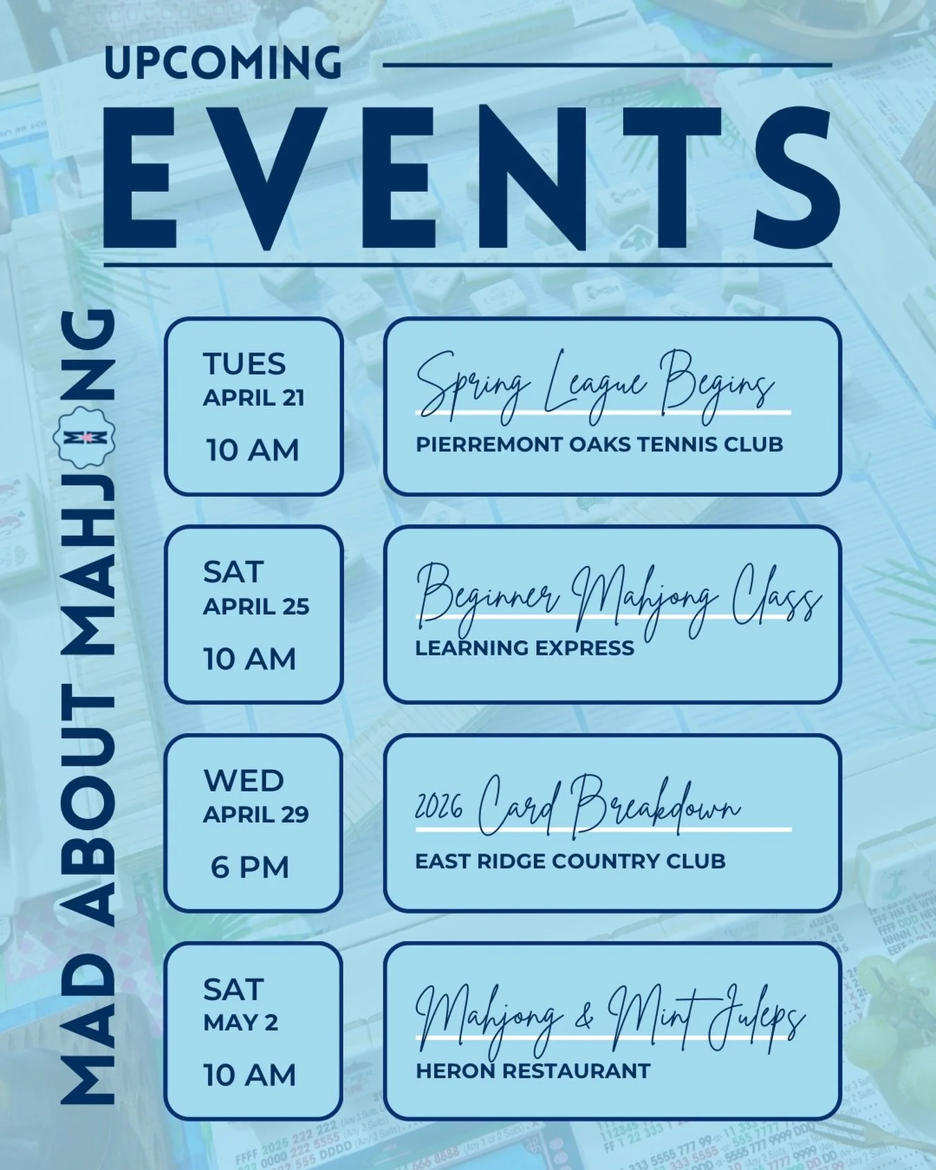 Something for everyone! 🀄 Whether you&rsquo;re just starting out or ready to crack the 2026 card, we have events coming up for you. Beginner classes, card review, open play &amp; league &mdash; the tiles are waiting! Link in bio to register.