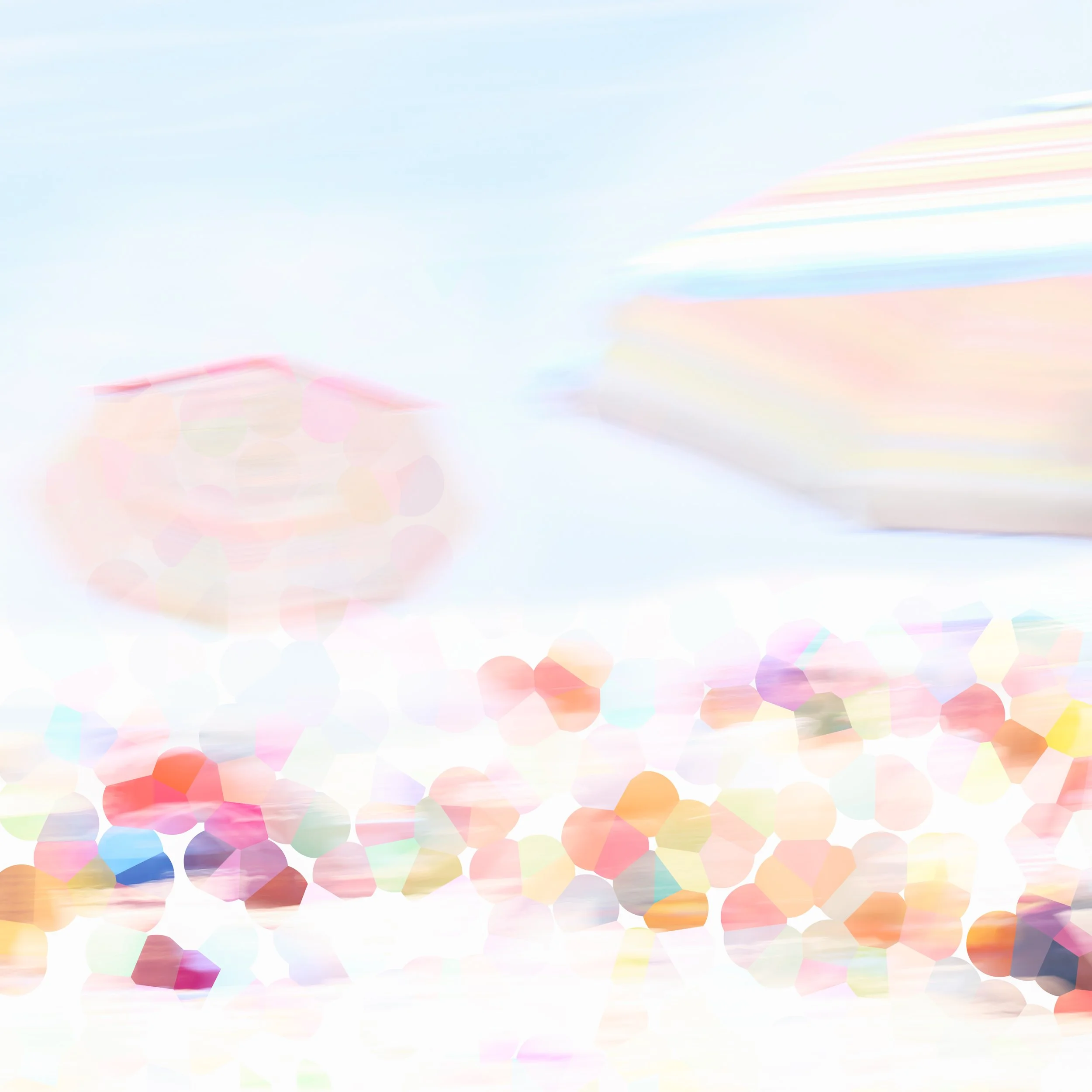 A whimsical image of fun at the beach abstractly depicts beach umbrellas and beach goers using pink, blue and orange.
