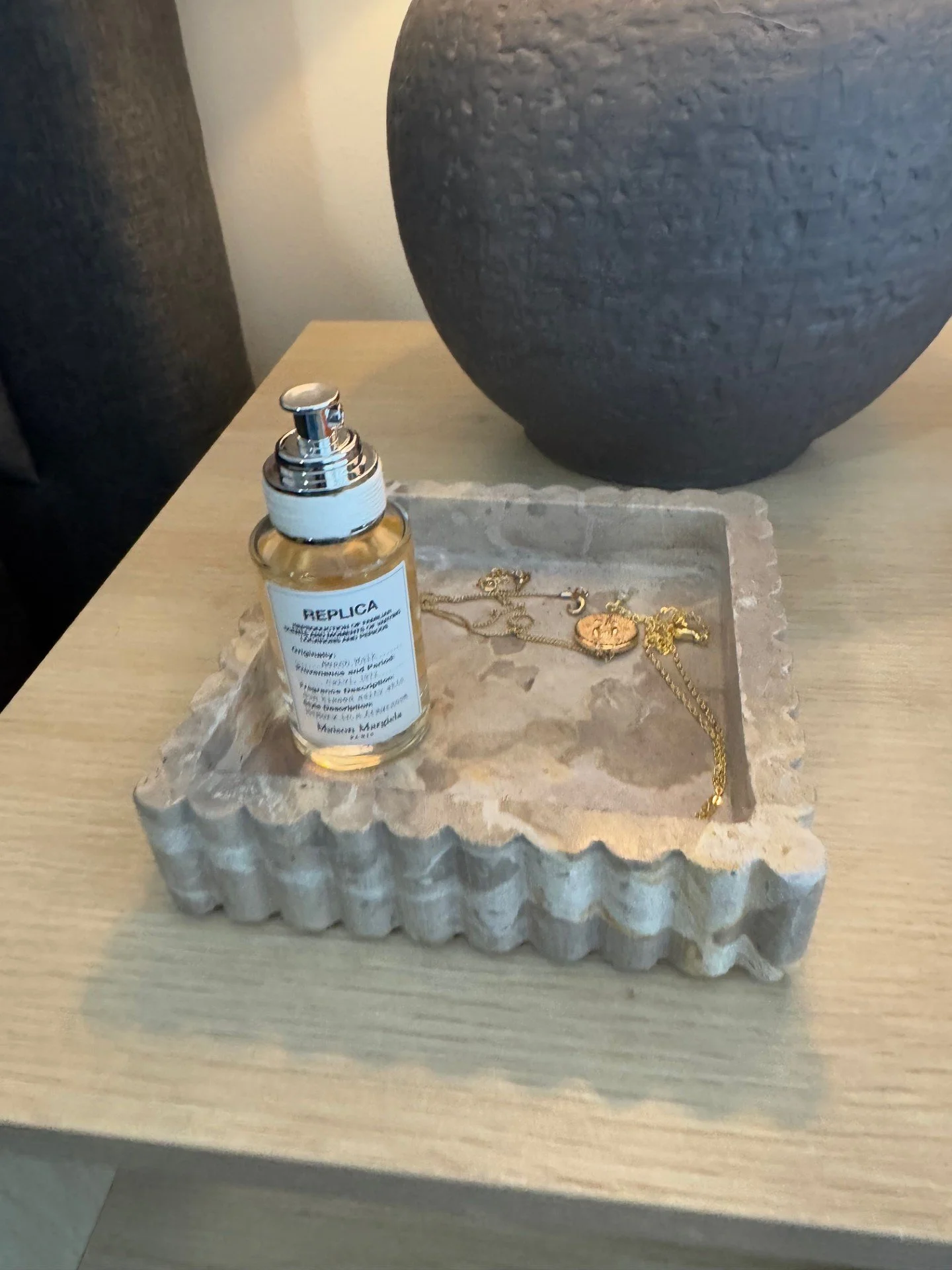 Target marble tray + my favorite perfume ever, "Beach Walk" by Repliace