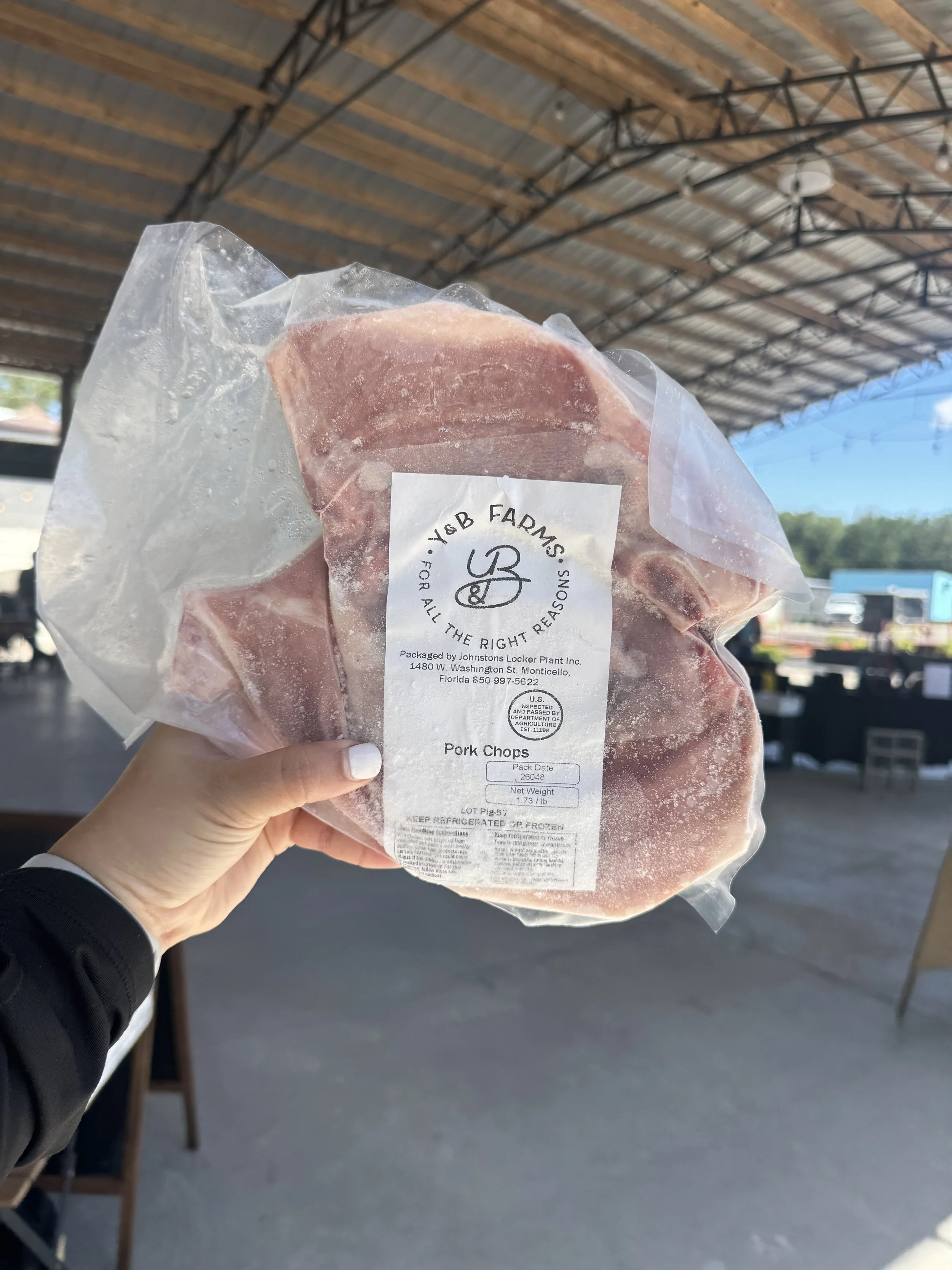 Pasture-raised bone-in pork chops from Y&B Farms, USDA-inspected and vacuum-sealed.