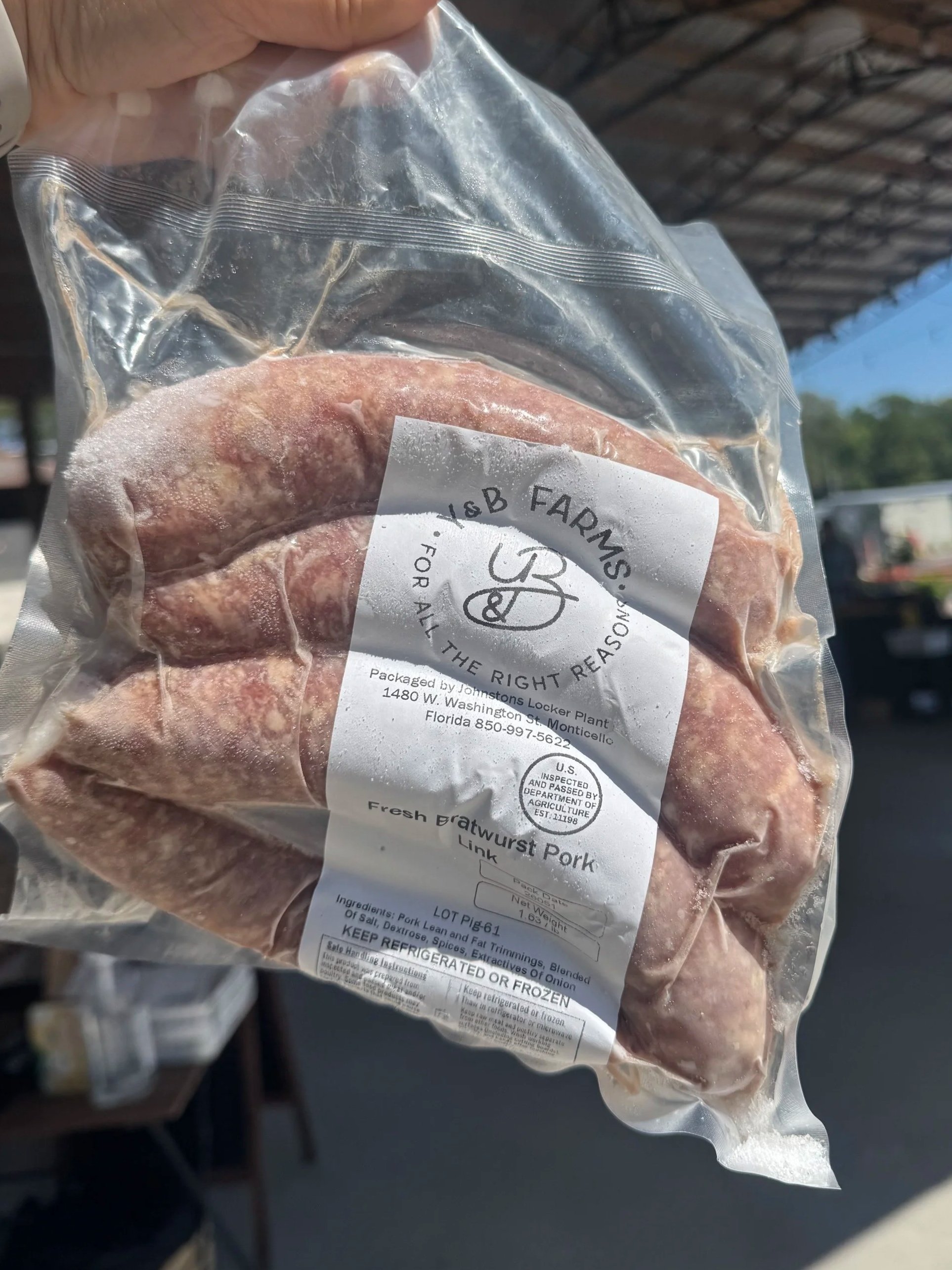 Pasture-raised fresh bratwurst pork from Y&B Farms, USDA-inspected and vacuum-sealed.