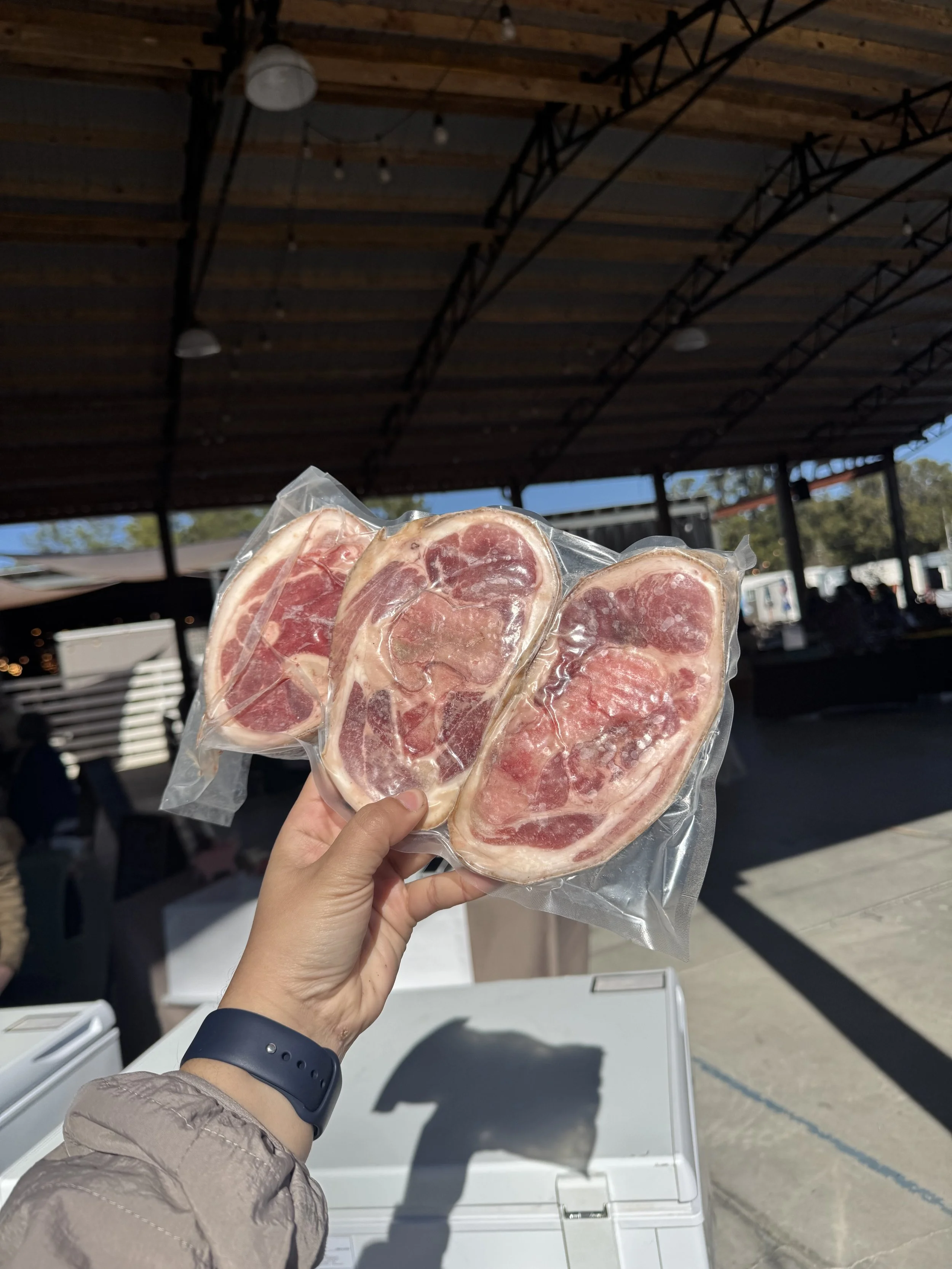 Hand holding pasture raised pork hocks from Y&B Farms