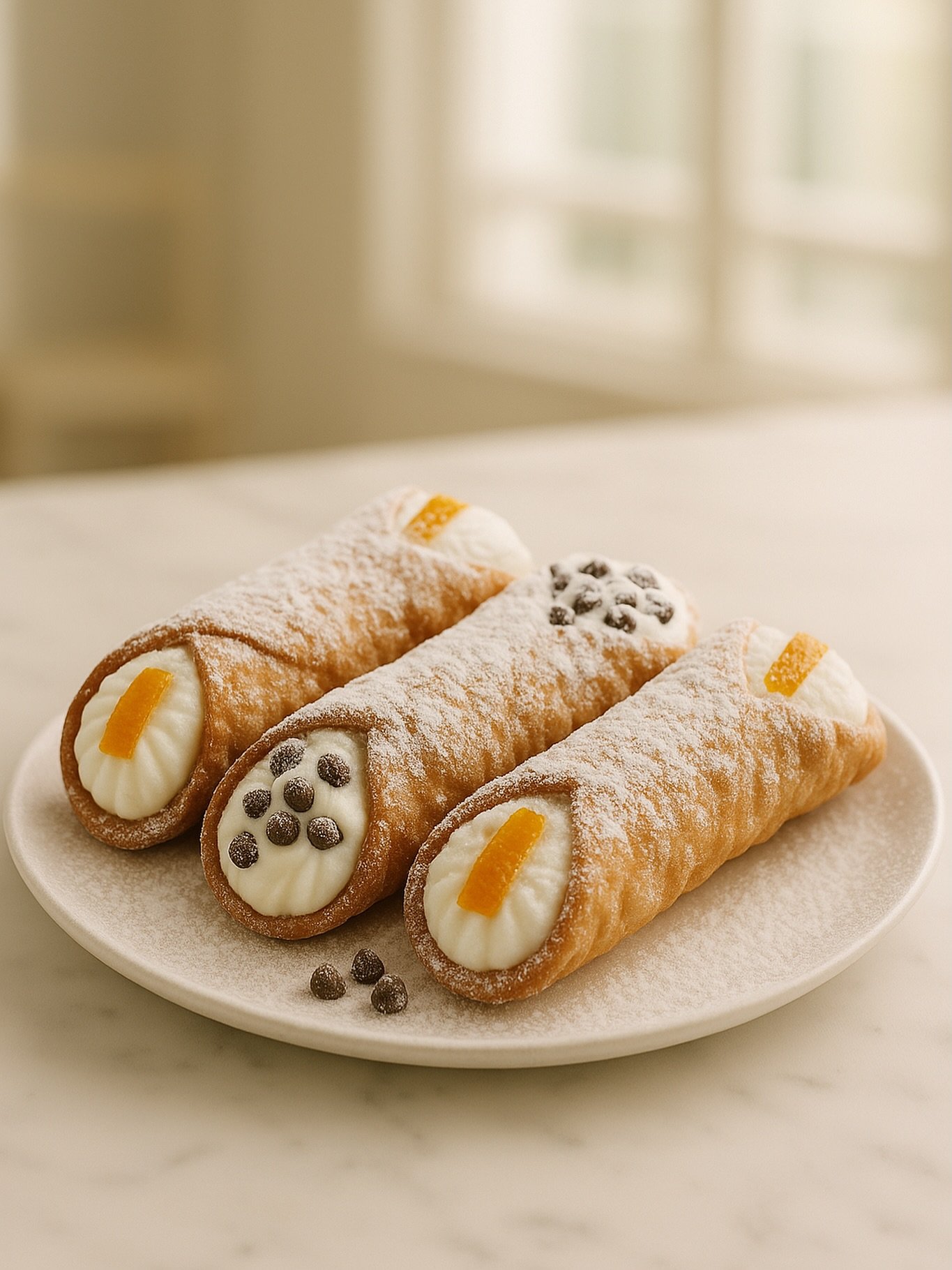 Sicilian tradition, with a little extra love.

Our house-made cannoli are filled with sweet ricotta cream, kissed with candied orange peel&mdash;except the middle one, where the chocolate chips ran wild (and a few fell in love with the plate).
Only a