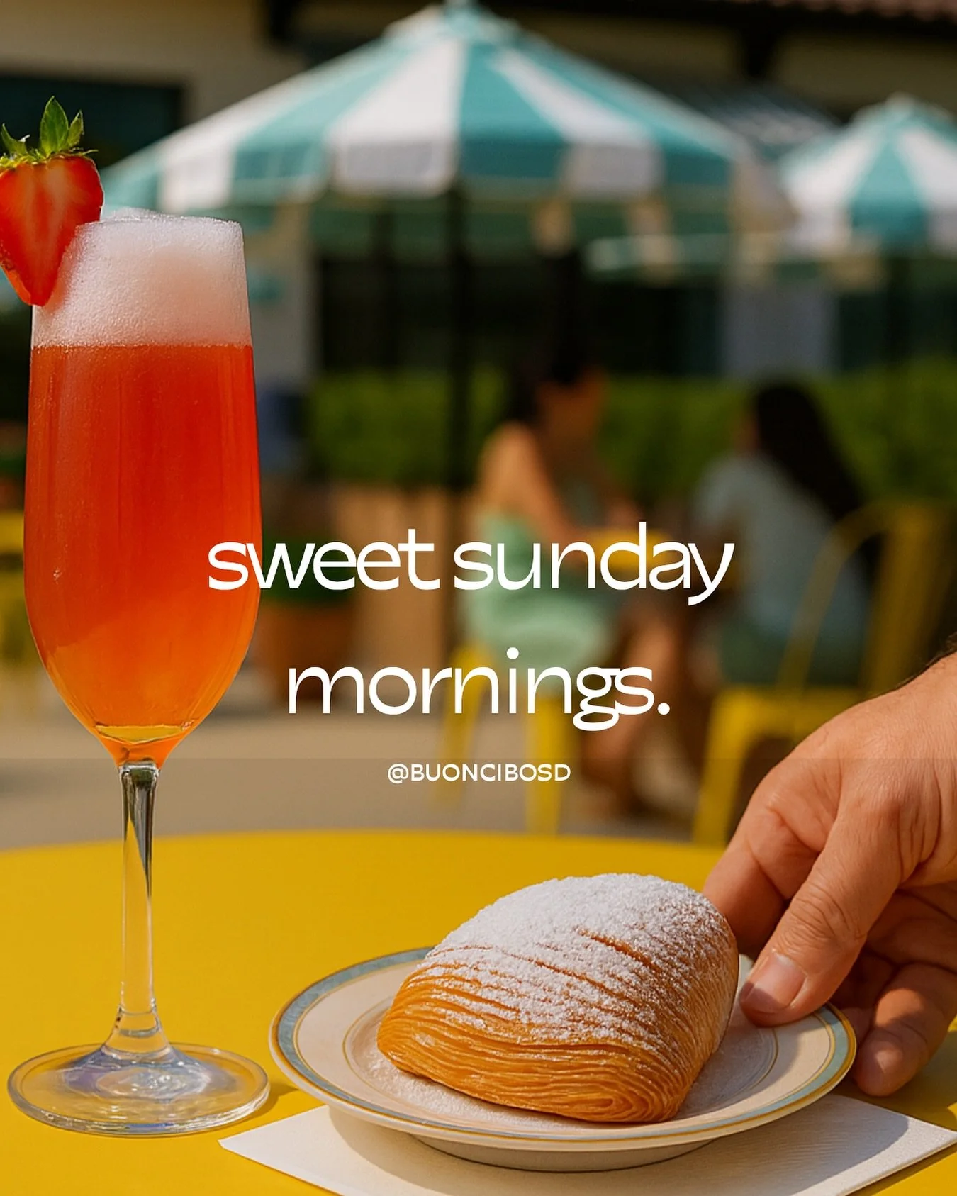 Sweet Sunday mornings in Scripps Ranch. 🍓
A strawberry Bellini, a Sicilian lobster-tail pastry, and sunlight dancing across the patio.
This is how Italians do weekends — slow, sweet, and full of life. ☀️
#BuonCiboSD #SundayVibes #ItalianPas