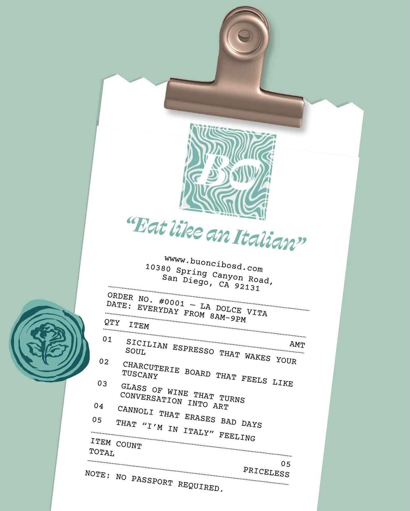 At Buon Cibo, the best things don&rsquo;t come with a price tag,
they come with a feeling. 🇮🇹✨

Your total? Priceless.
Because the real receipt is the memory you take home.

No passport. No rush.
Just La Dolce Vita, served daily in Scripps Ranch.

