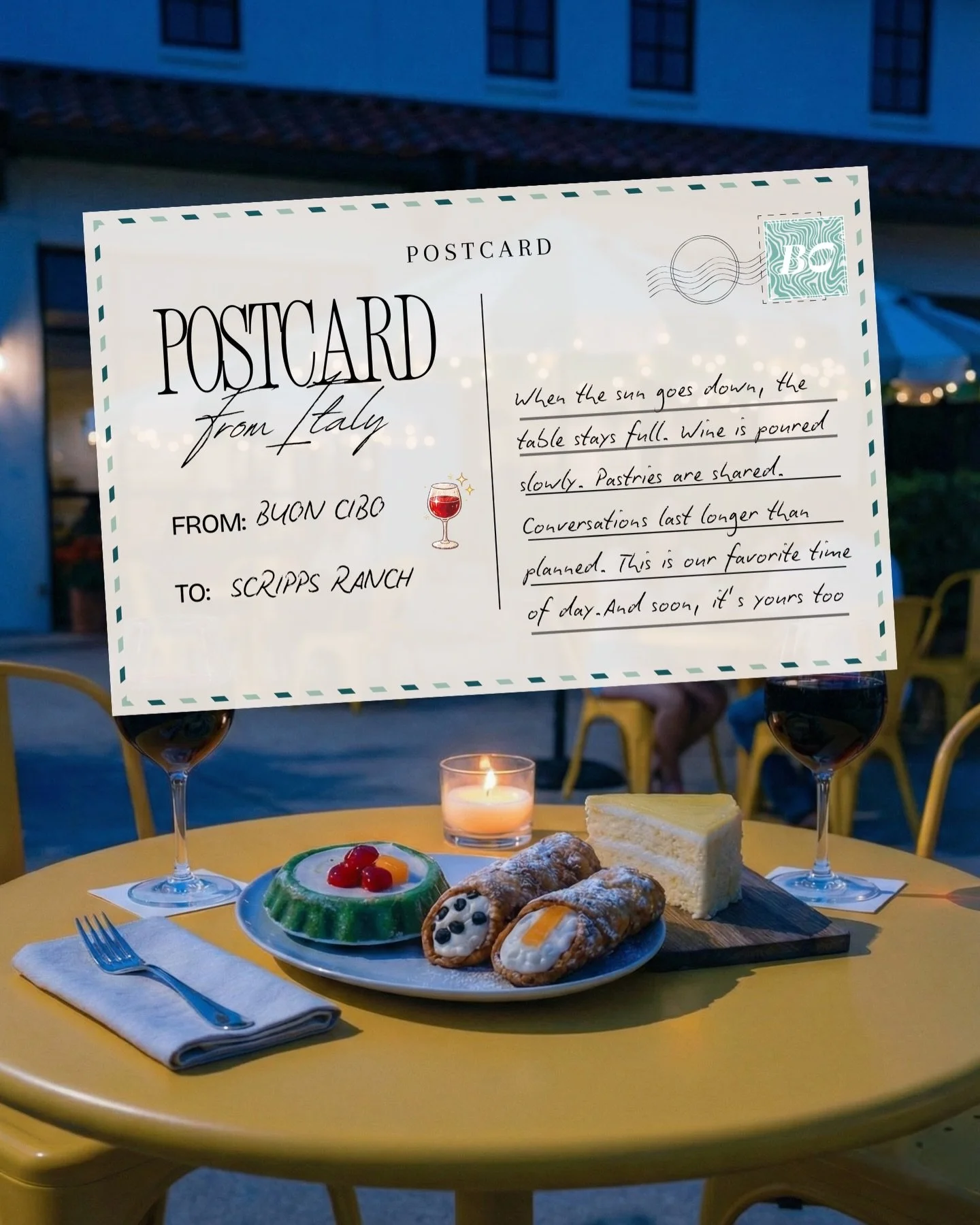 When the sun sets, the best moments begin.
Wine poured slowly. Pastries shared. Conversations that stretch just a little longer than planned.
A nighttime postcard from Buon Cibo &mdash; and soon, a place to experience it for yourself. 🇮🇹🍷 

Openin
