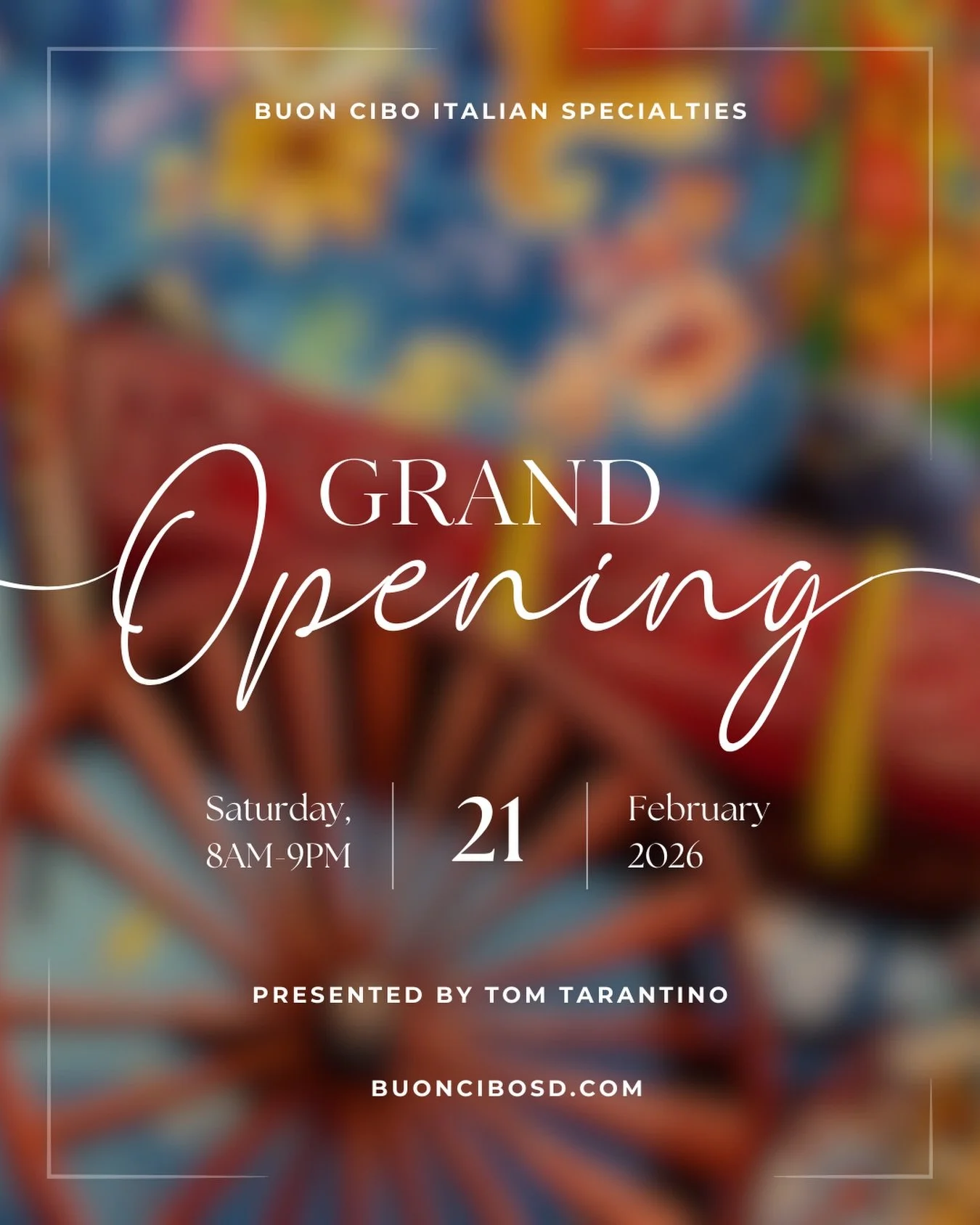 A lifetime of inspiration. Over a year of building. One very big day.

Buon Cibo Italian Specialties is opening its doors&mdash;and every Italian table begins with an invitation.

Consider this yours.
📅 Saturday, February 21st 🕗 8AM &ndash; 9PM 📍 