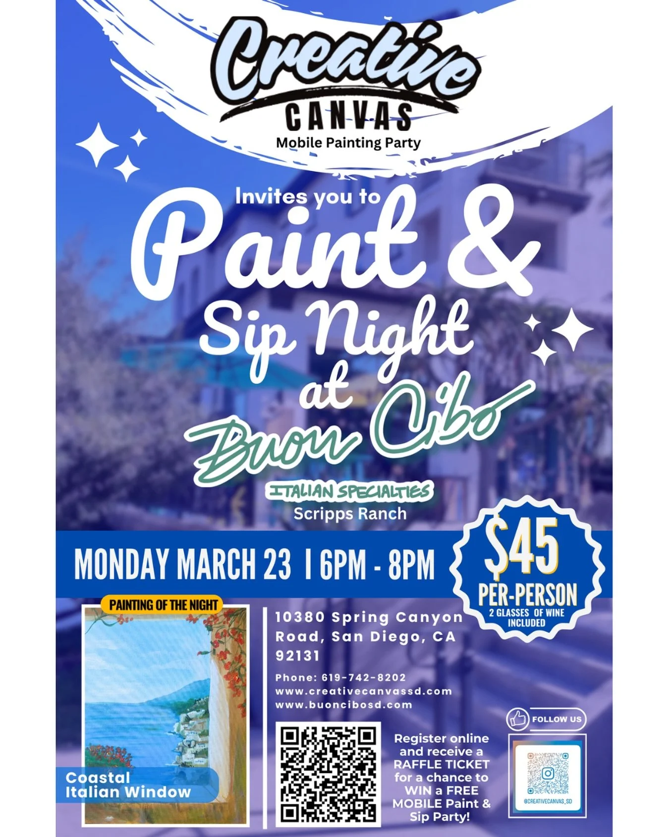 A weeknight worth clearing your calendar for.

Monday, March 23 &ndash; we&rsquo;re hosting a Paint &amp; Sip Night with @creativecanvas_sd from 6 to 8 PM. The painting of the evening is &ldquo;Coastal Italian Window,&rdquo; and yes, you&rsquo;ll be 