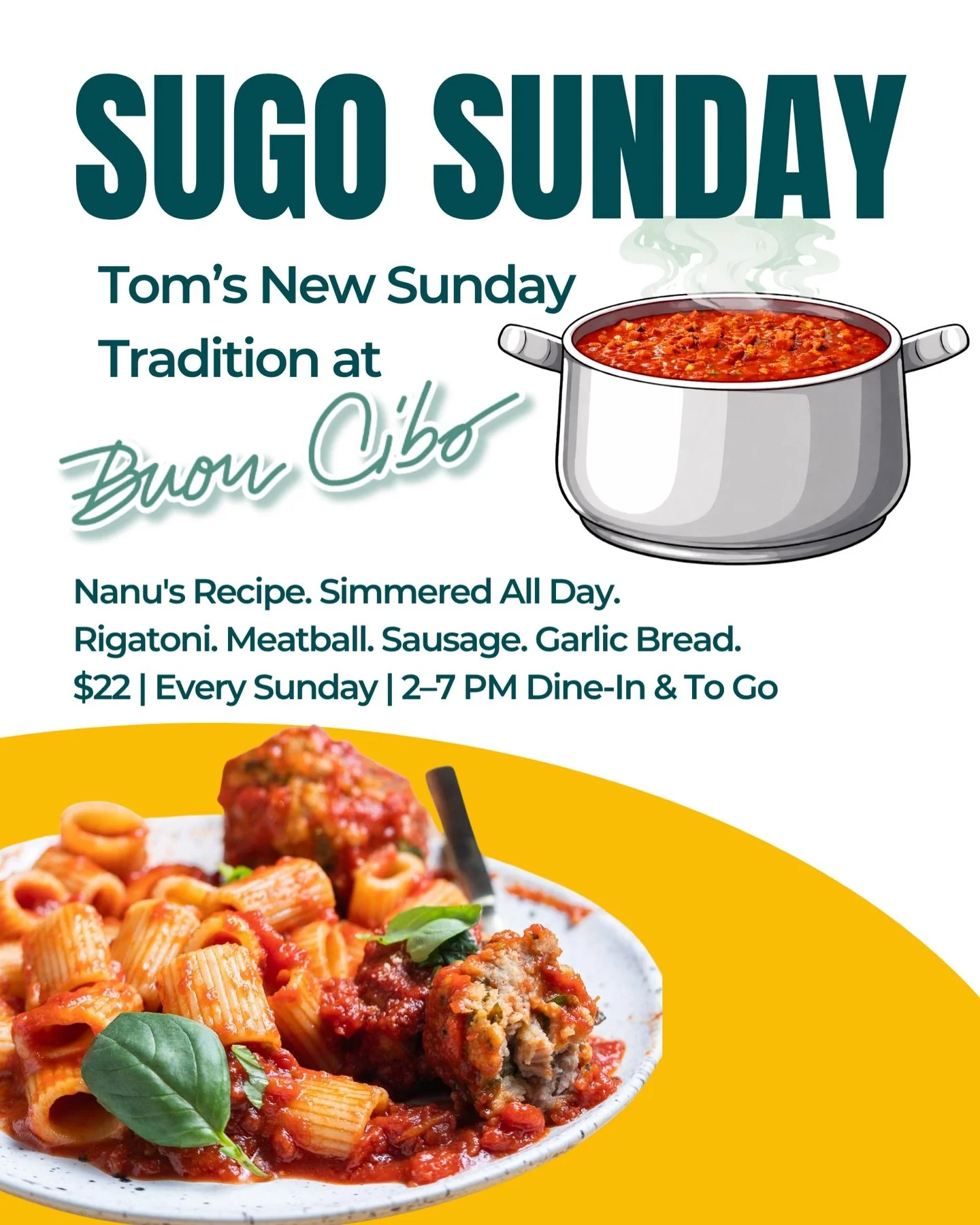 Sunday just changed forever in Scripps Ranch.

Introducing SUGO SUNDAY, every Sunday at Buon Cibo, starting this weekend.

So what is sugo? If you grew up in a Sicilian household, you already know. It&rsquo;s the slow-cooked Sunday sauce that simmers