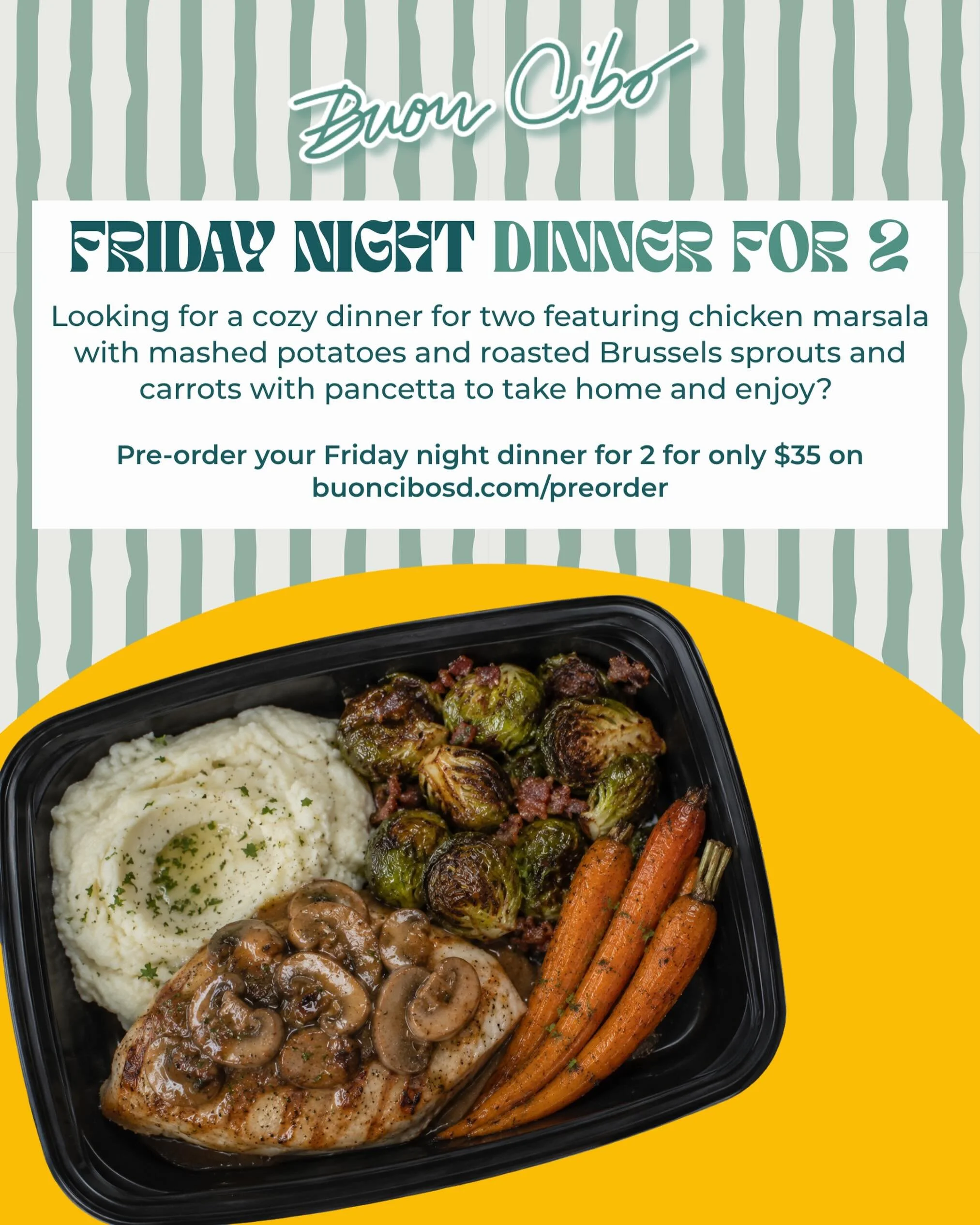 Friday nights in Scripps Ranch just got easier.

Every Friday, we are sending a hot Italian dinner for two out the door, ready to eat the minute you get home. No cooking. No reheating. No 5:30 PM takeout debate.

This Friday: Chicken Marsala. A seare