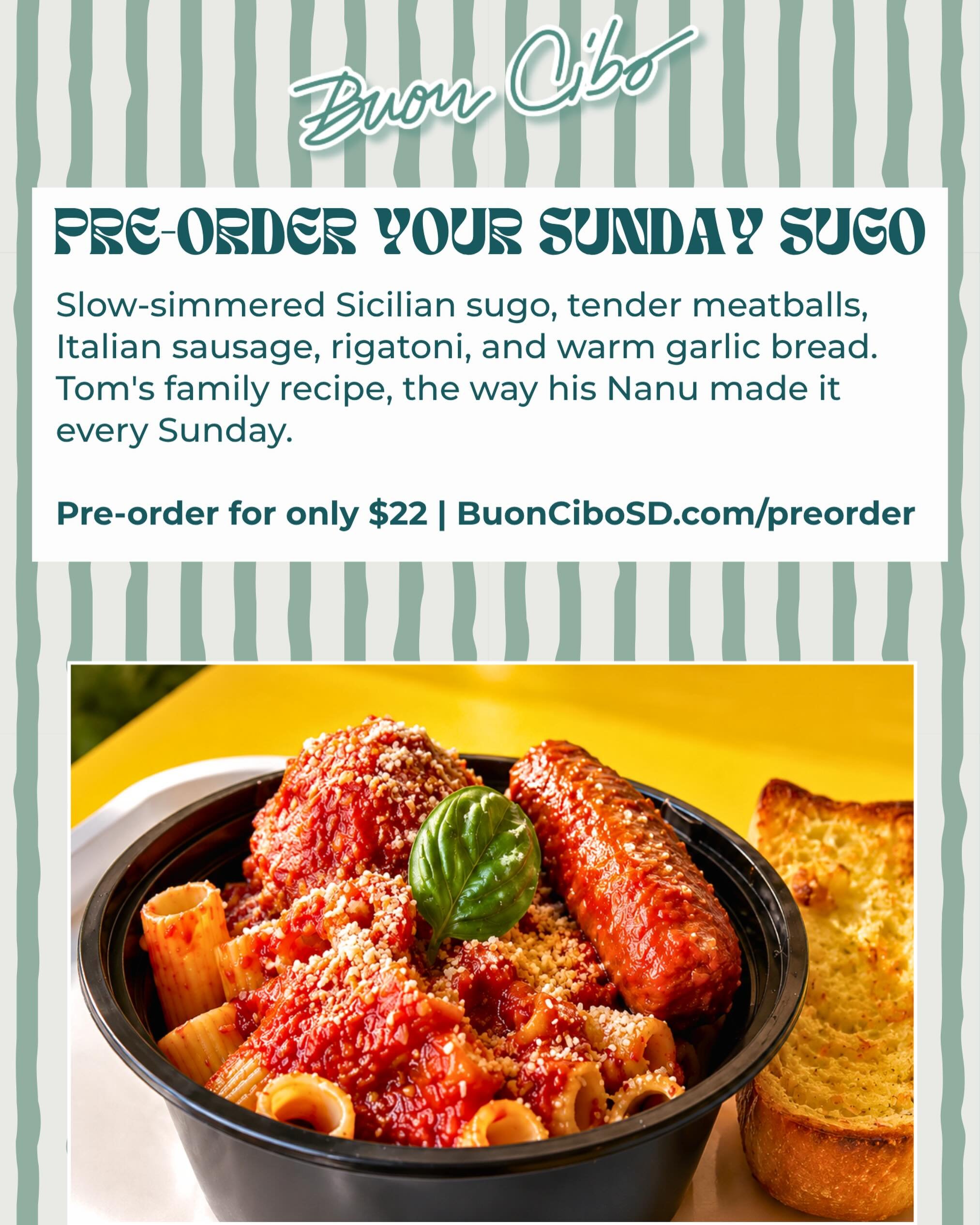 Sunday is all about the SUGO. 

Slow-simmered Sicilian sugo, tender meatballs, Italian sausage, and rigatoni that catches every drop of sauce, plus warm garlic bread for swiping the bowl clean. Tom&rsquo;s family recipe, the one the Tarantino table h