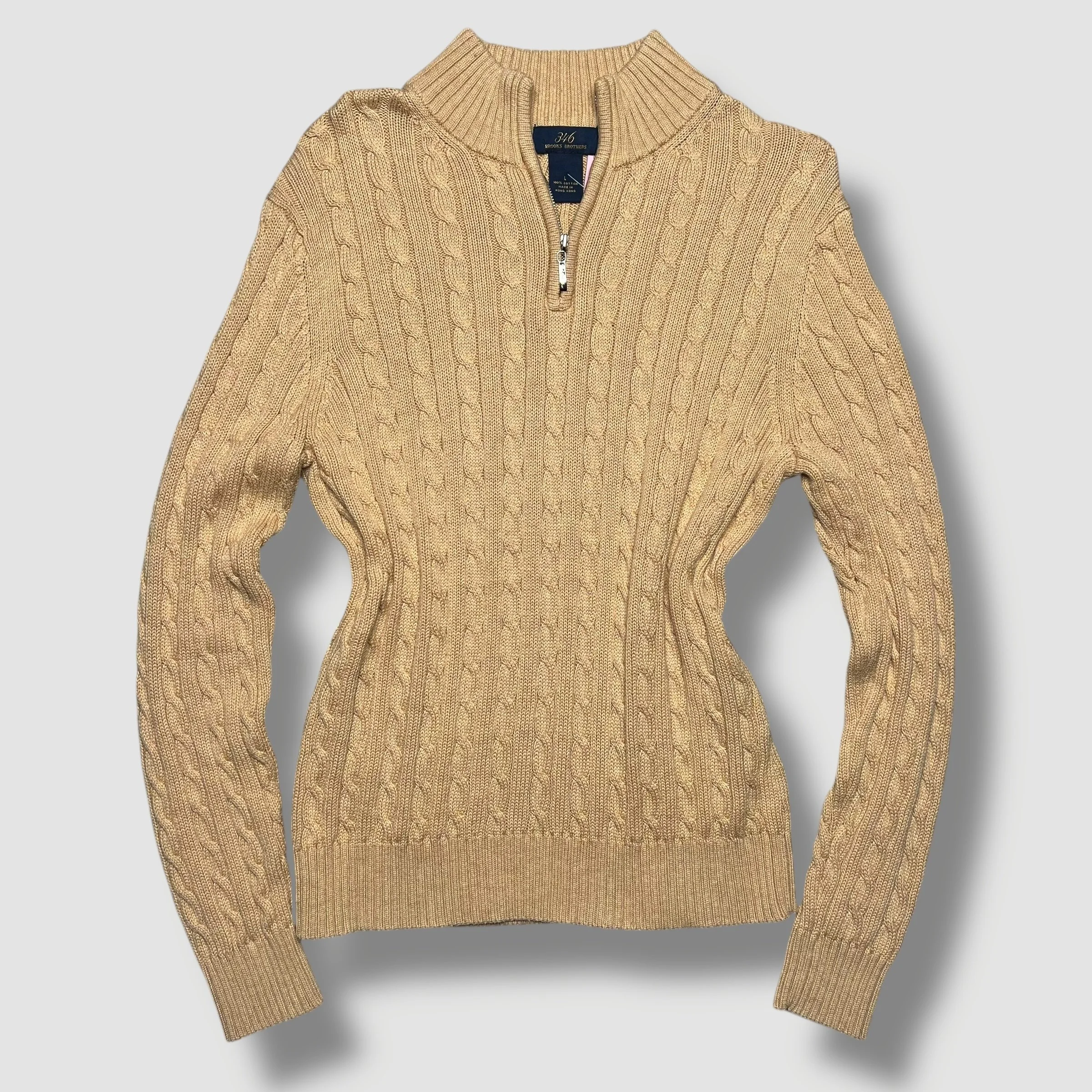 346 Brooks Brothers Tan Quarter-Zip Cable Knit Sweater