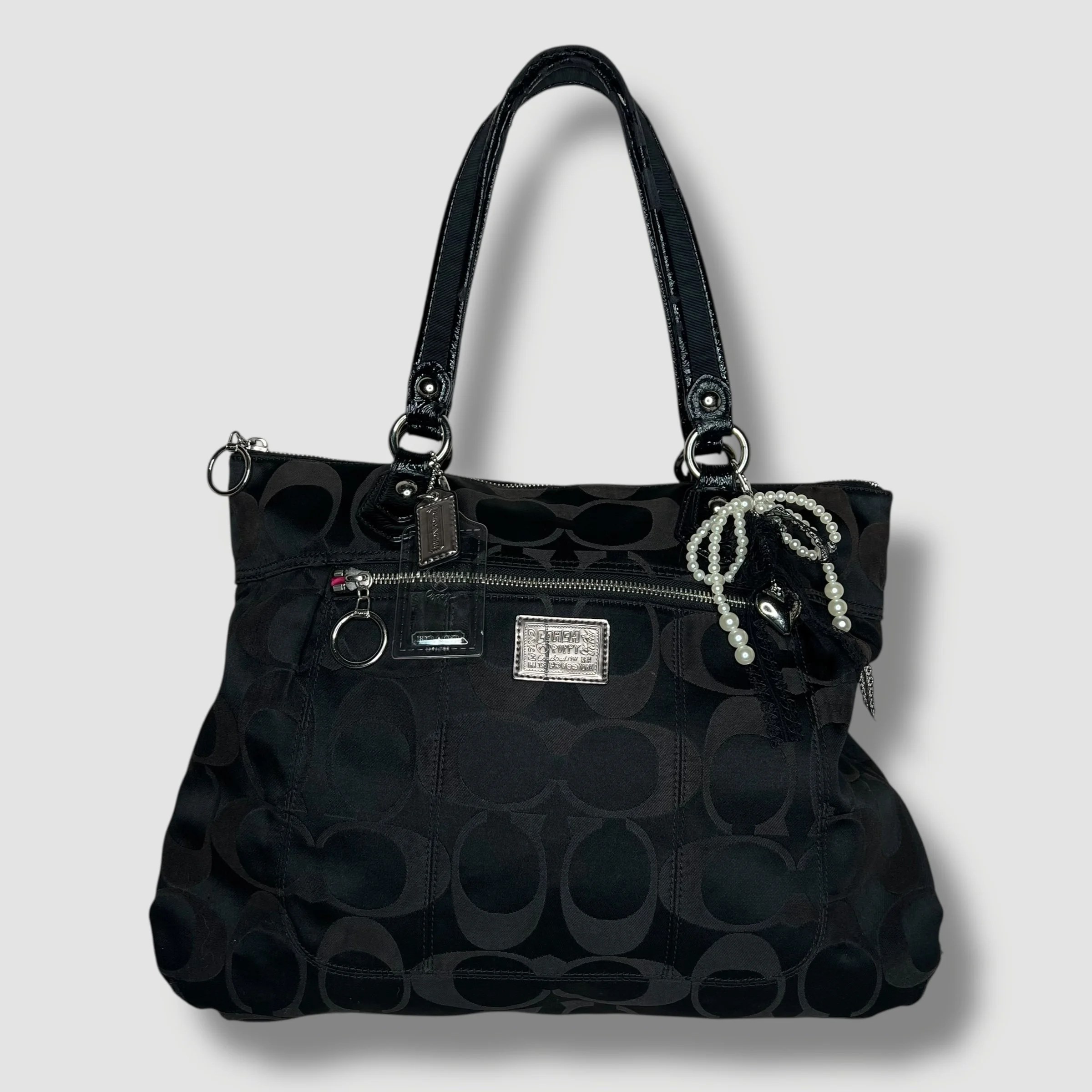 Coach Poppy Op Art Monogram Daisy Black Sateen Tote Bag