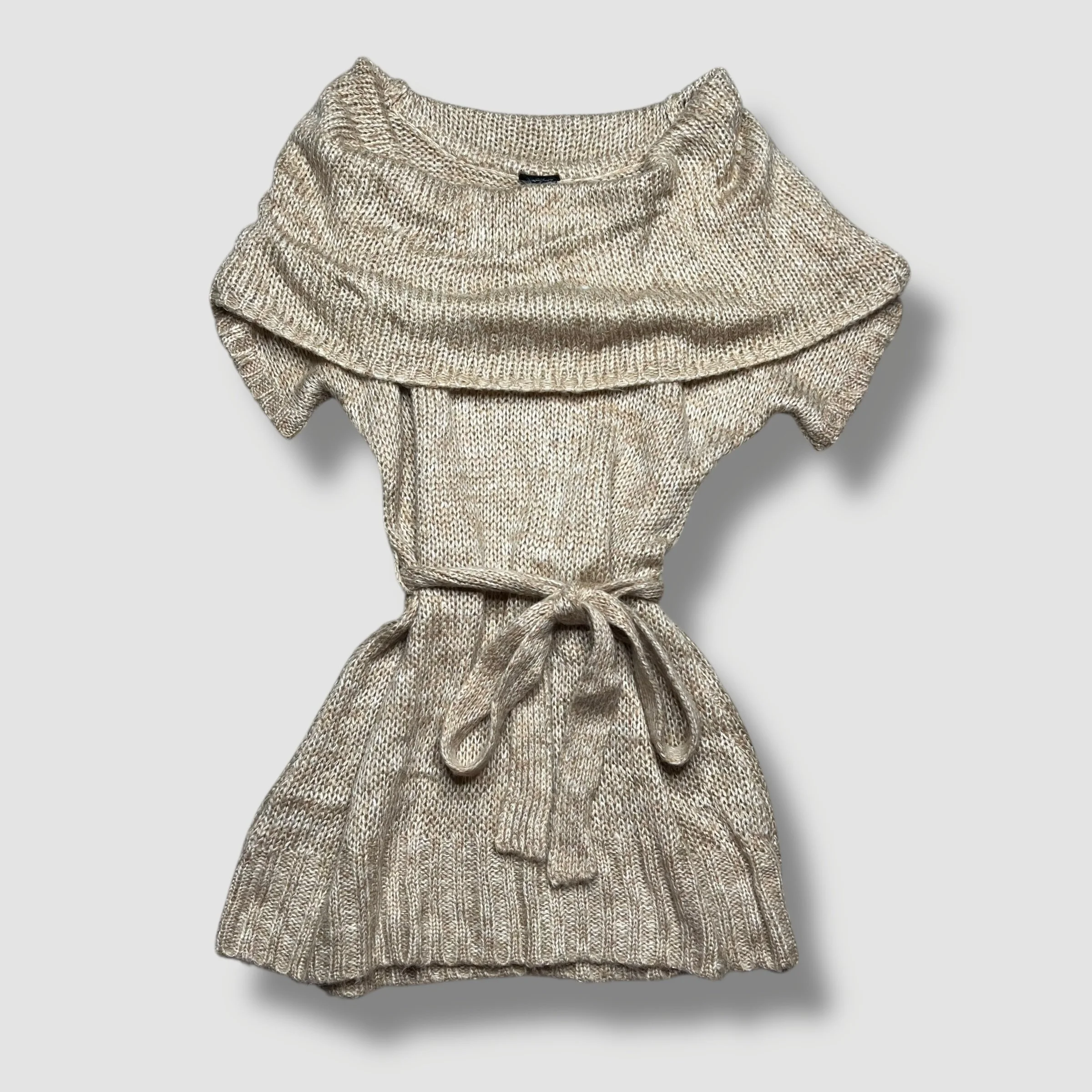 Tan Knit Sweater Dress with Adjustable Waist Tie