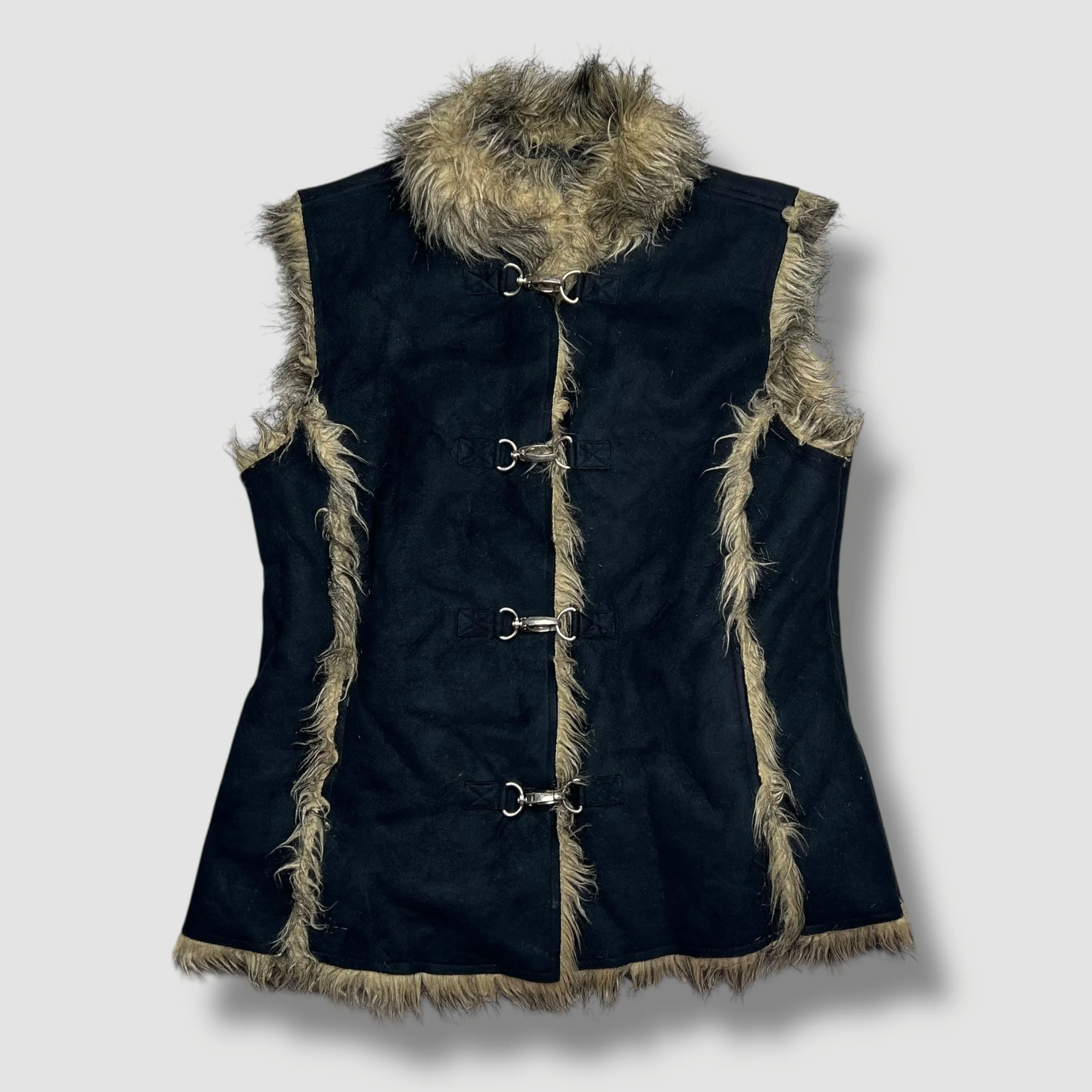 Y2K Black and Cream Faux Suede and Faux Fur Trim Vest 