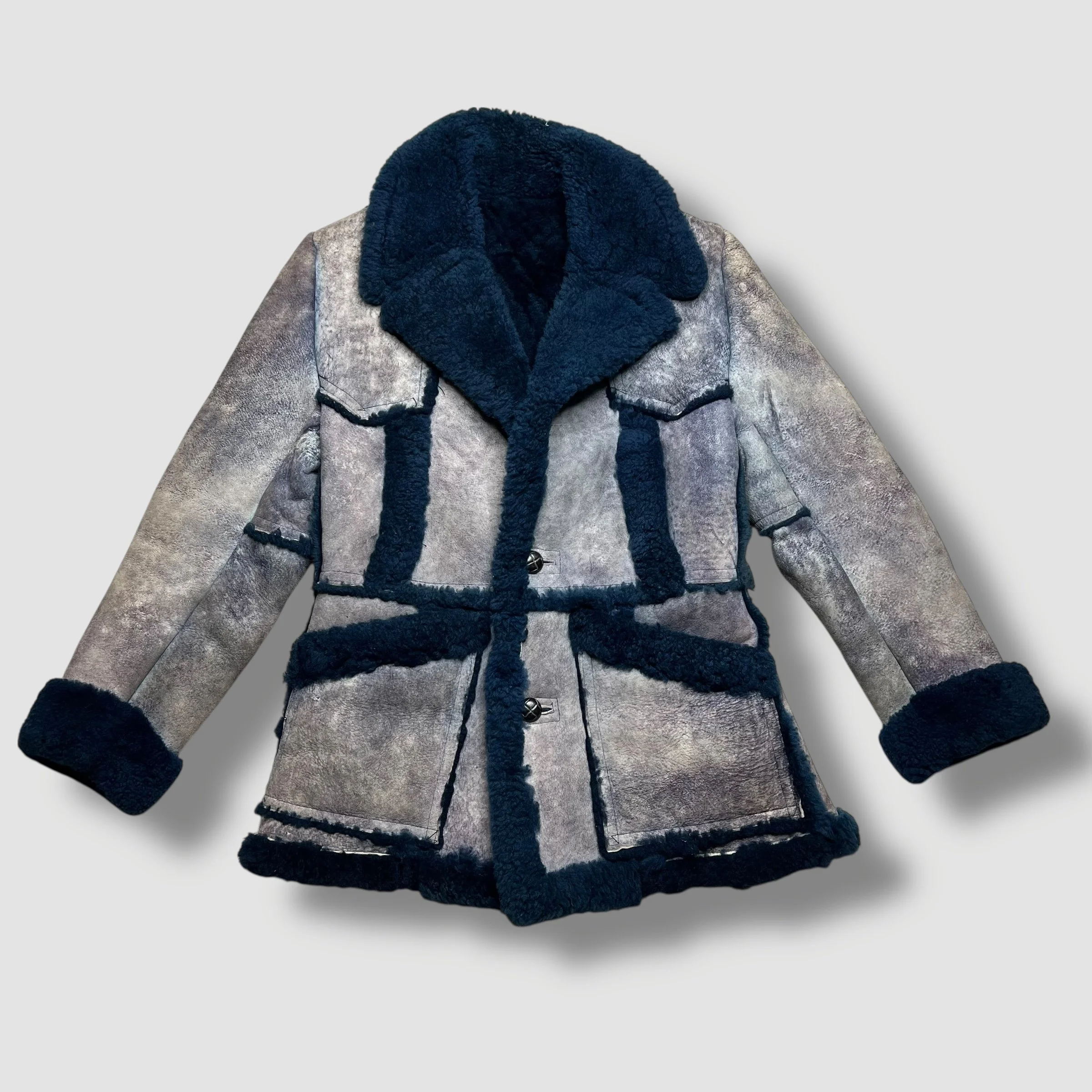 Vintage Harlin Navy Blue and Grey Genuine Shearling Fur Penny Lane Coat 