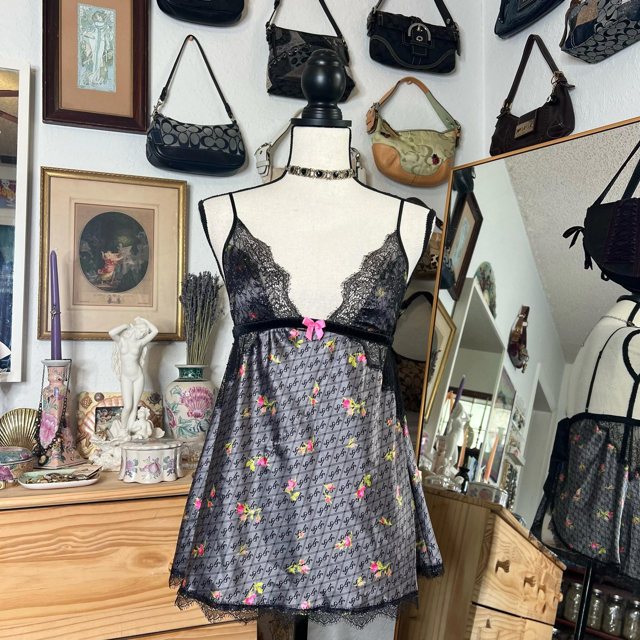 Victoria’s Secret Rose Print Satin Lace Babydoll Slip