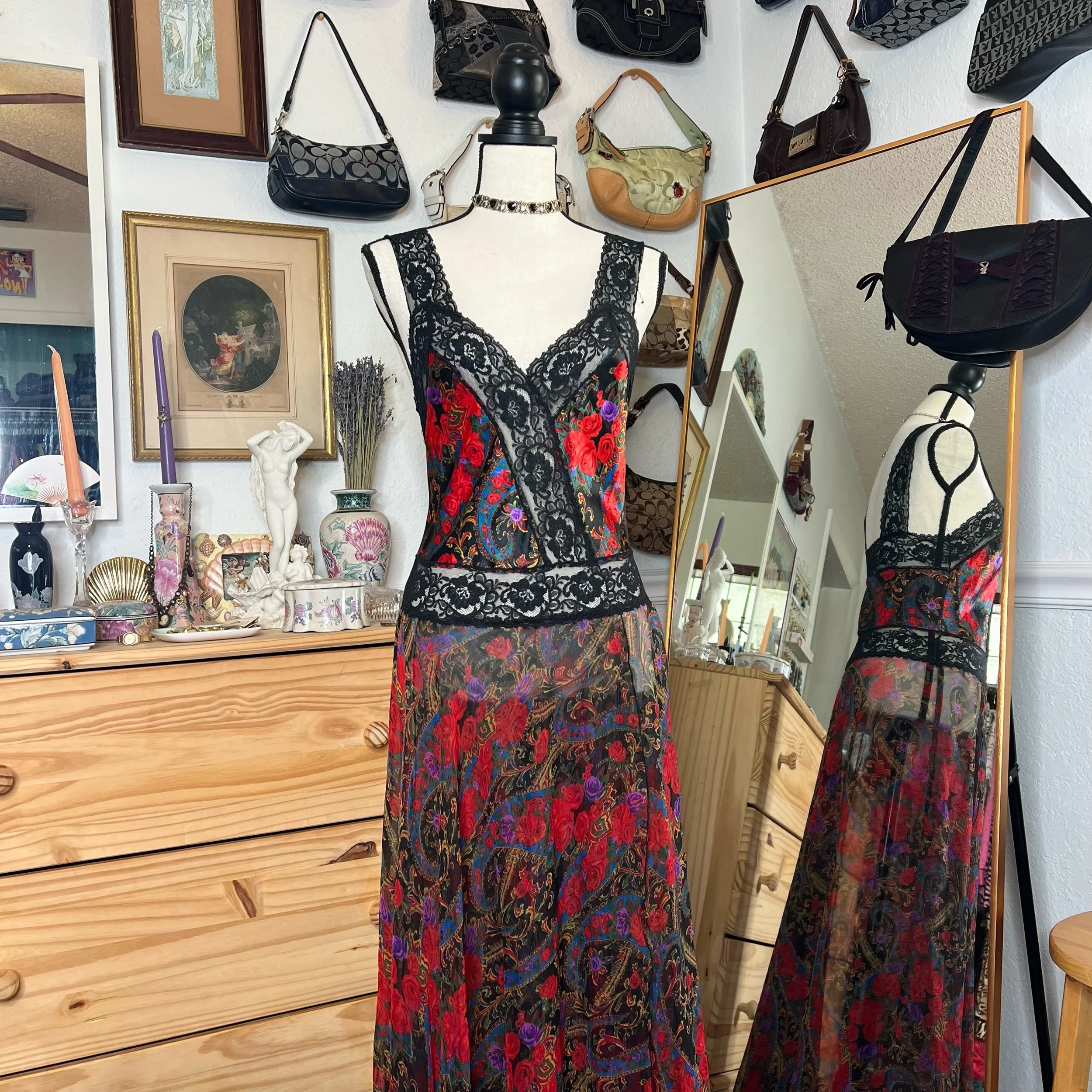 Victoria’s Secret Vintage Gold Label Floral Lace Chiffon Maxi Slip Gown