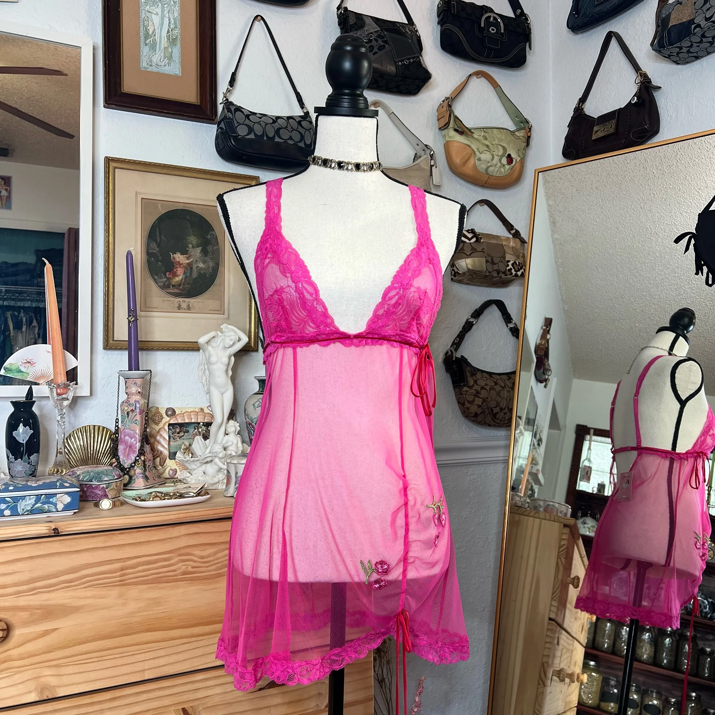 Victoria’s Secret Y2K Hot Pink Floral Embroidered Chiffon Mesh Slip