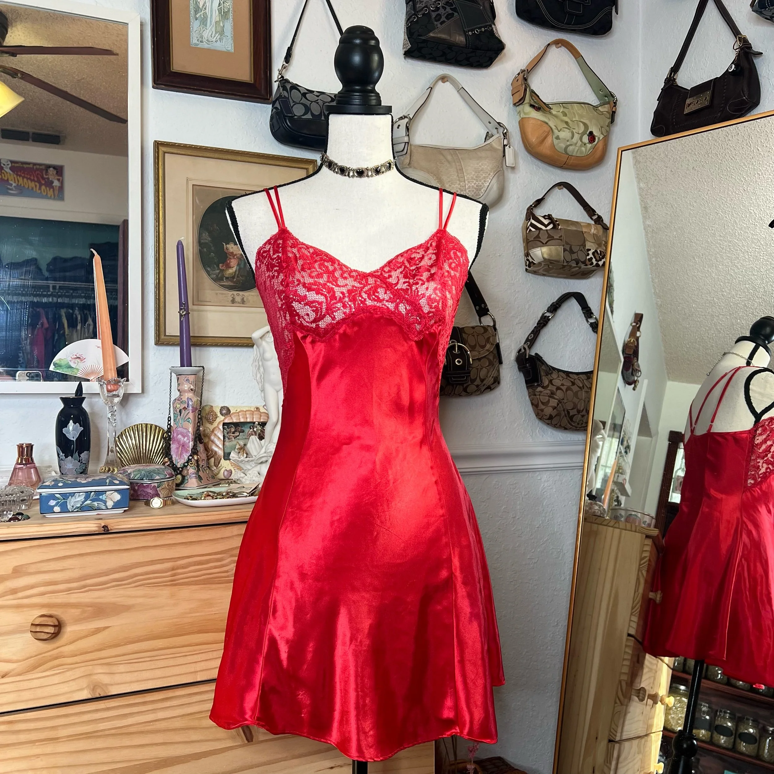 Victoria’s Secret Vintage Gold Label Red Satin Lace Slip Dress