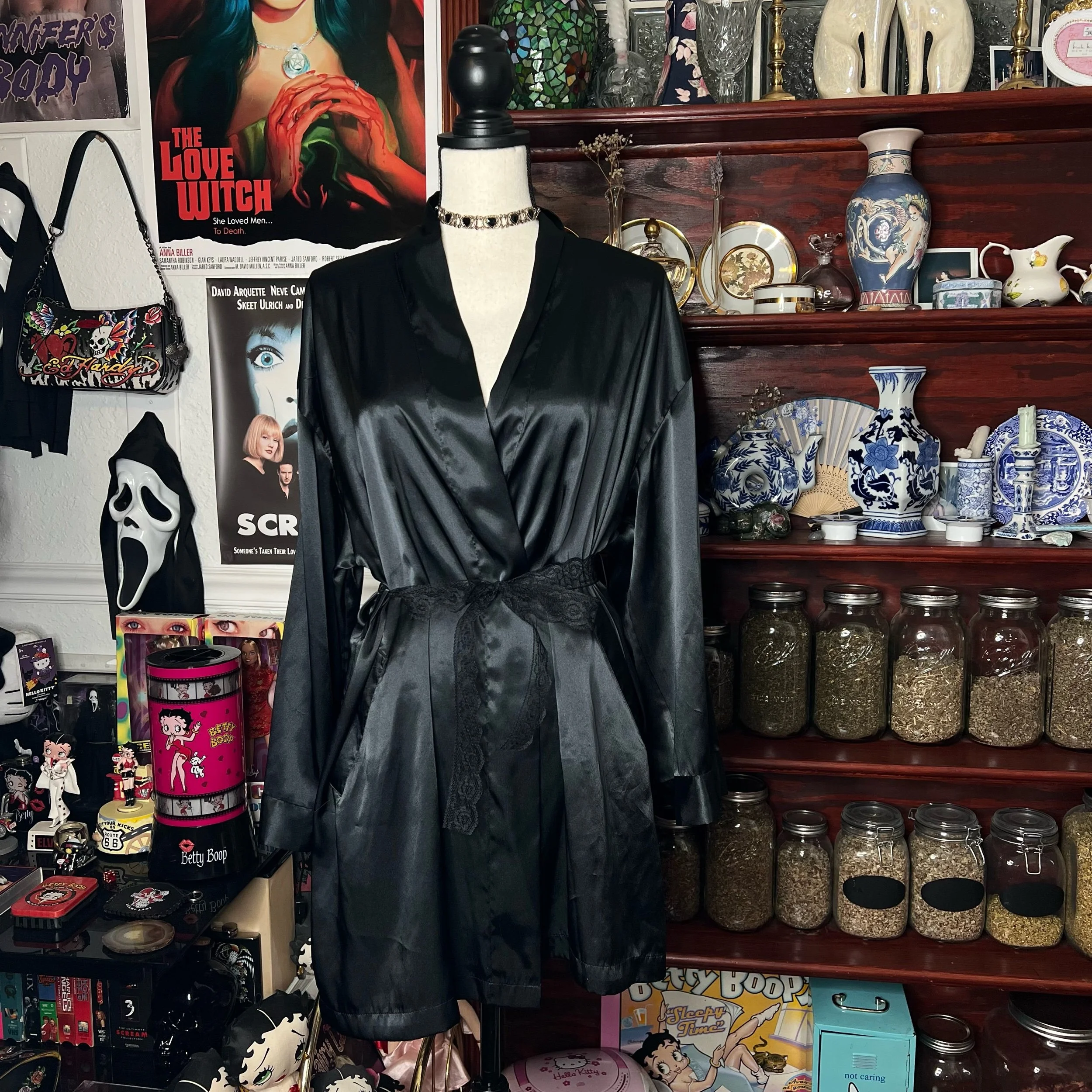 1996 Vintage Victoria’s Secret Black Satin Long Sleeve Robe