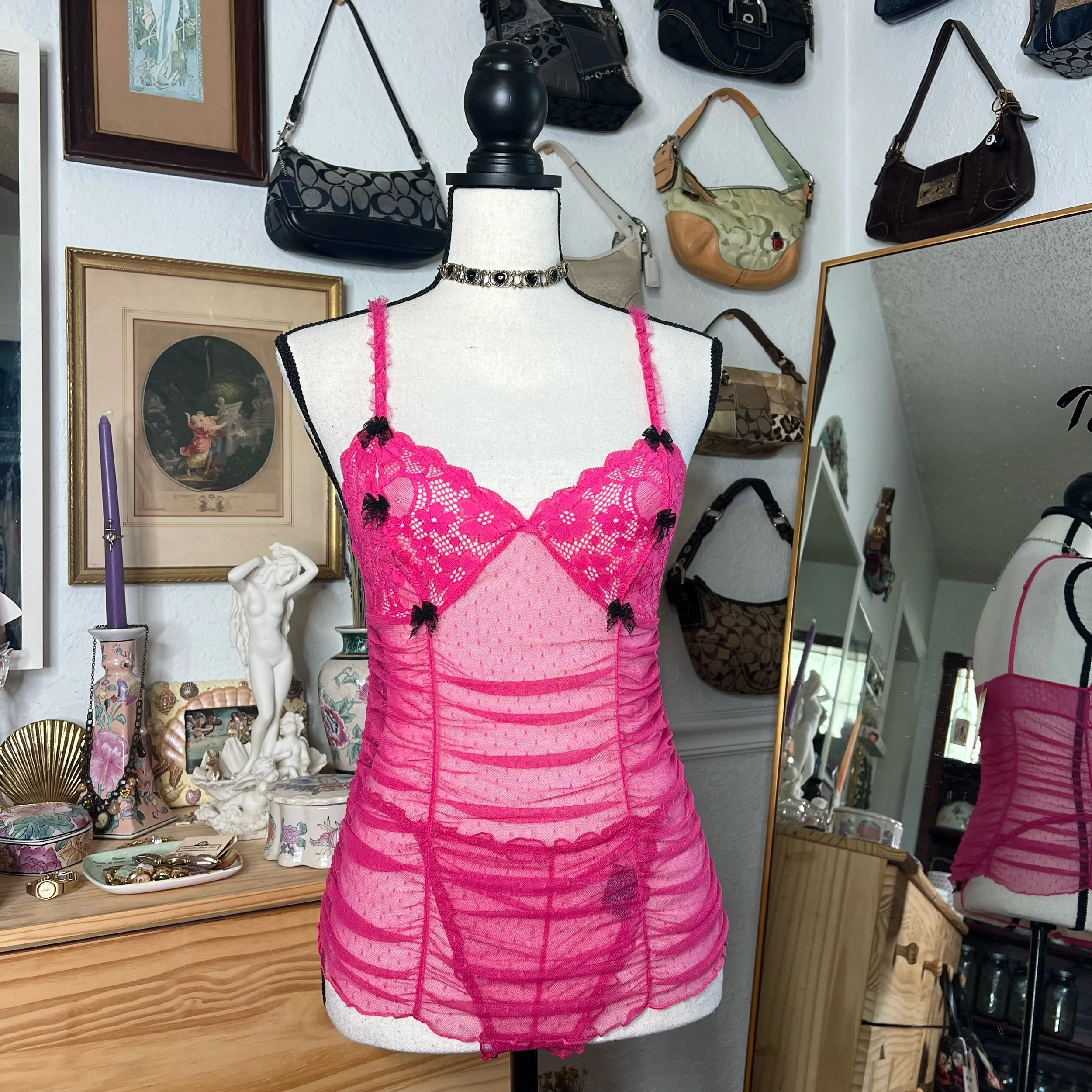 Victoria’s Secret Sexy Little Things Hot Pink Ruched Lace Cami & V-String Thong Set