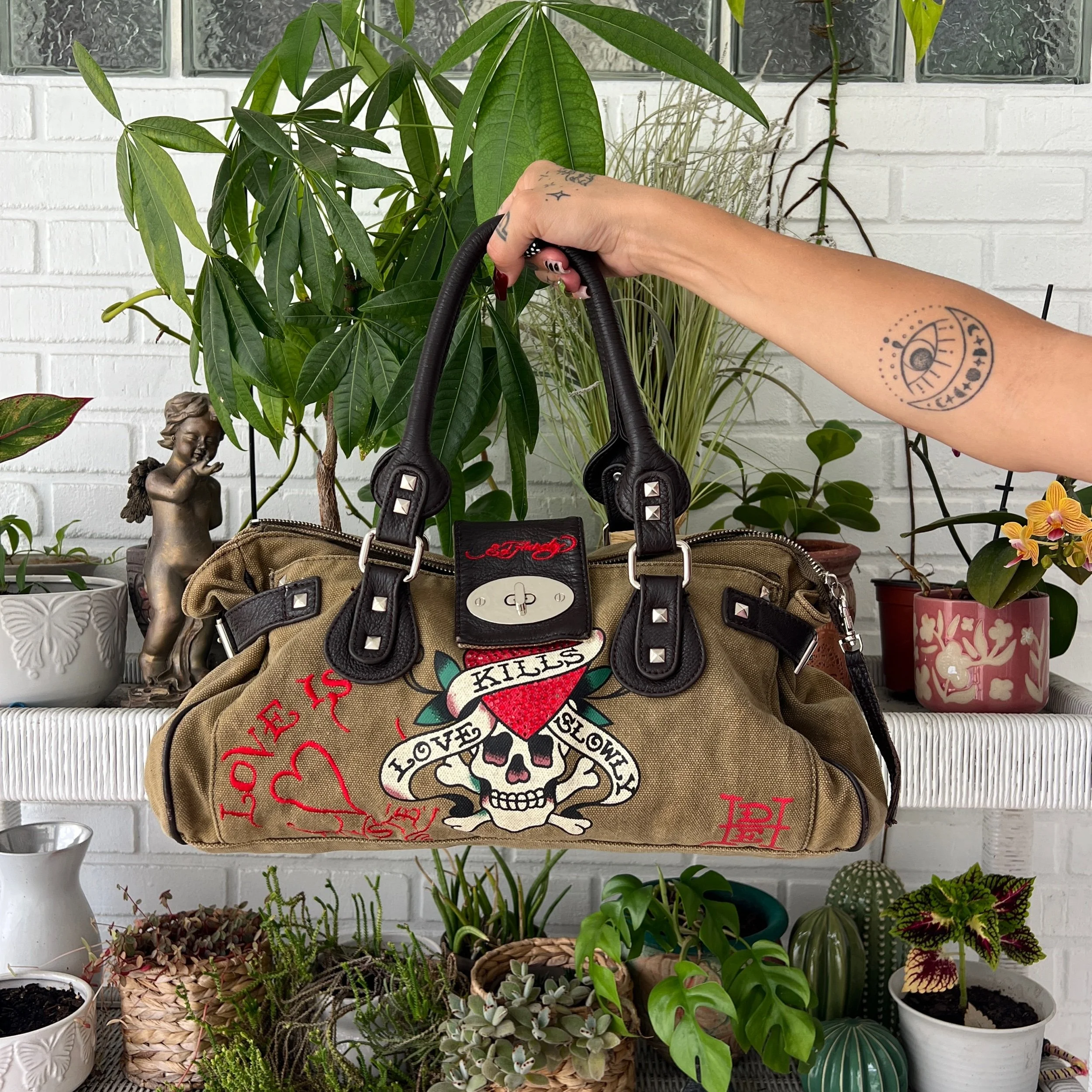 Ed Hardy Love Kills Slowly Skull Embellished Shoulder Bag