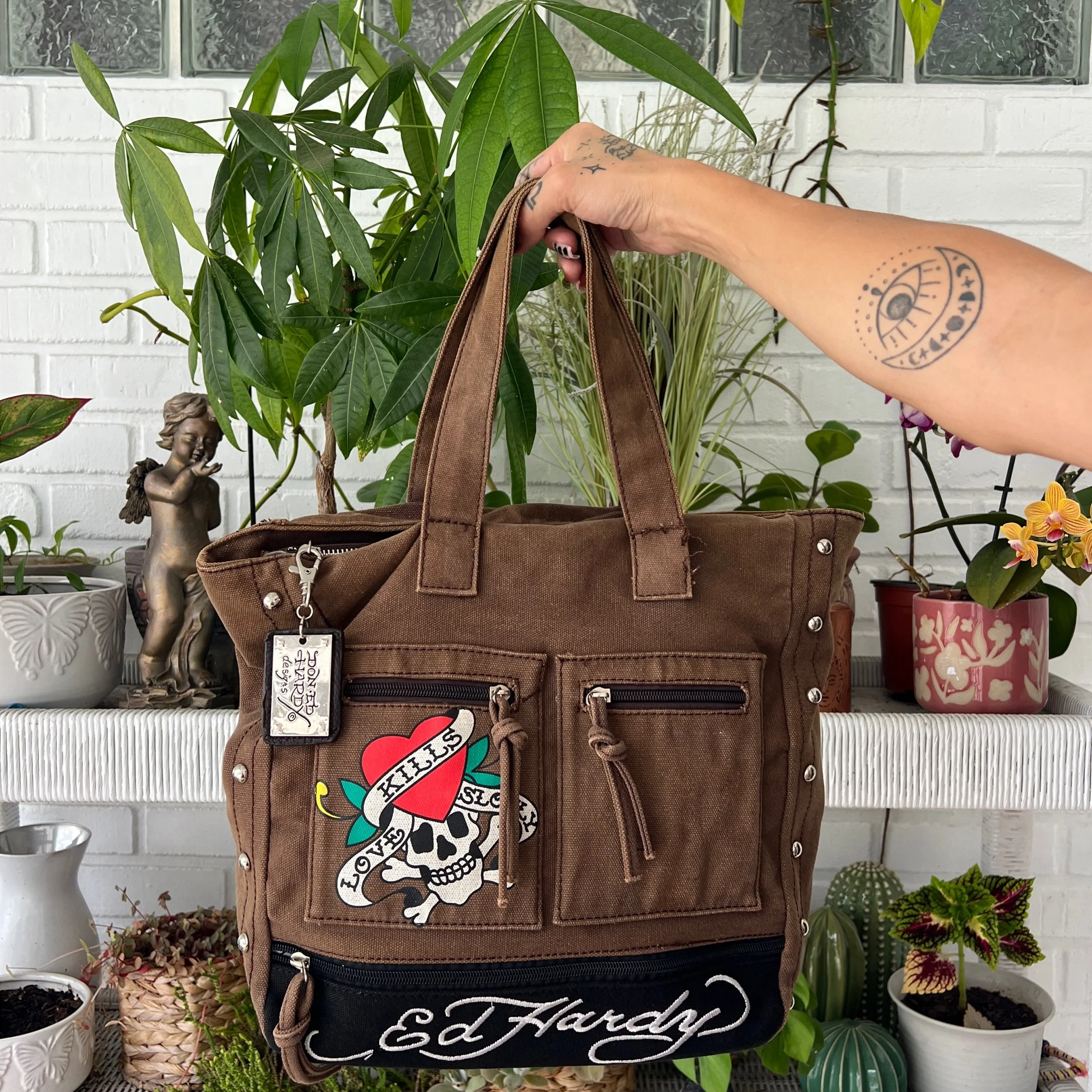 Ed Hardy Love Kills Slowly Skull Brown Tote Bag