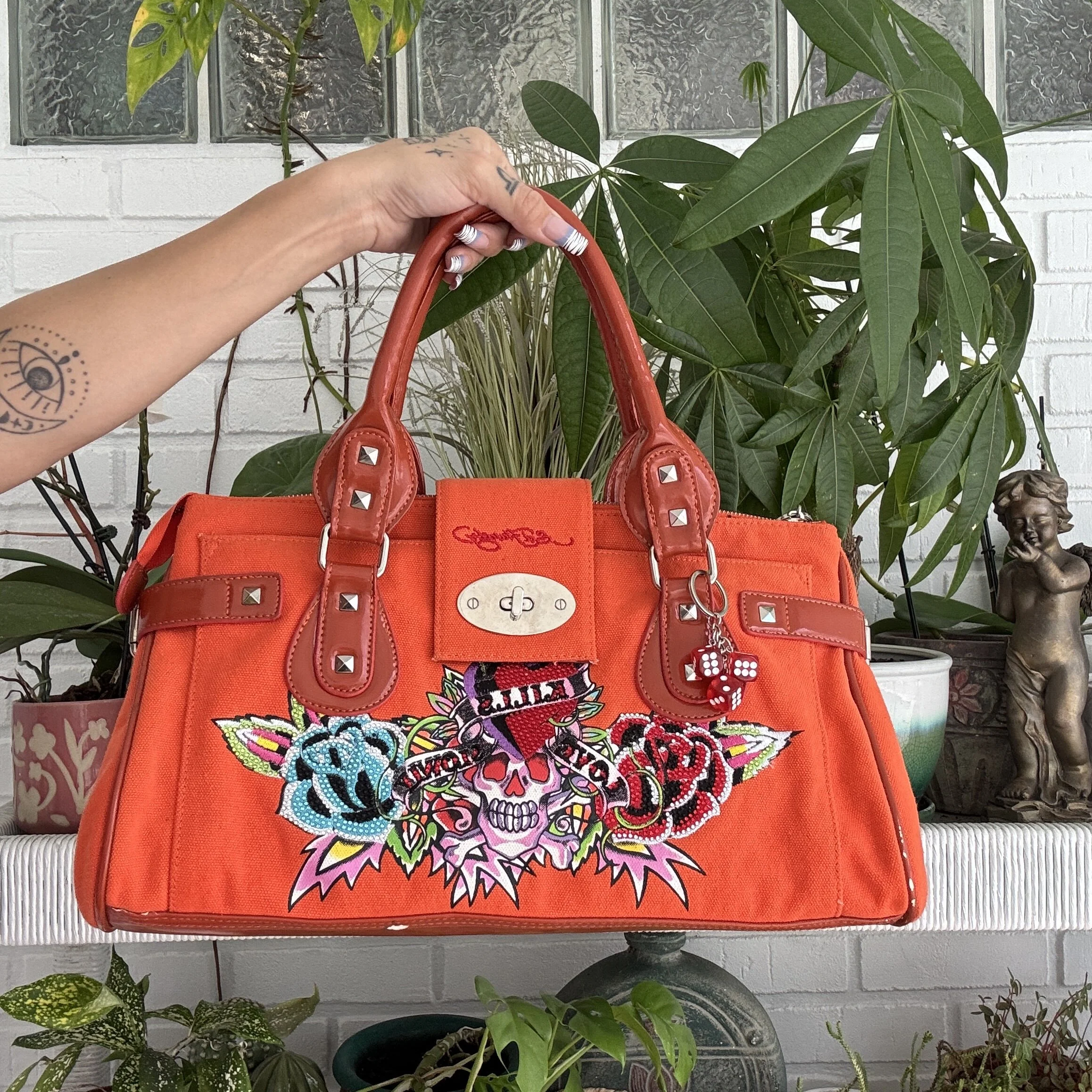 Ed Hardy Love Kills Slowly Orange Skull and Rose Tattoo Print Rhinestone Purse