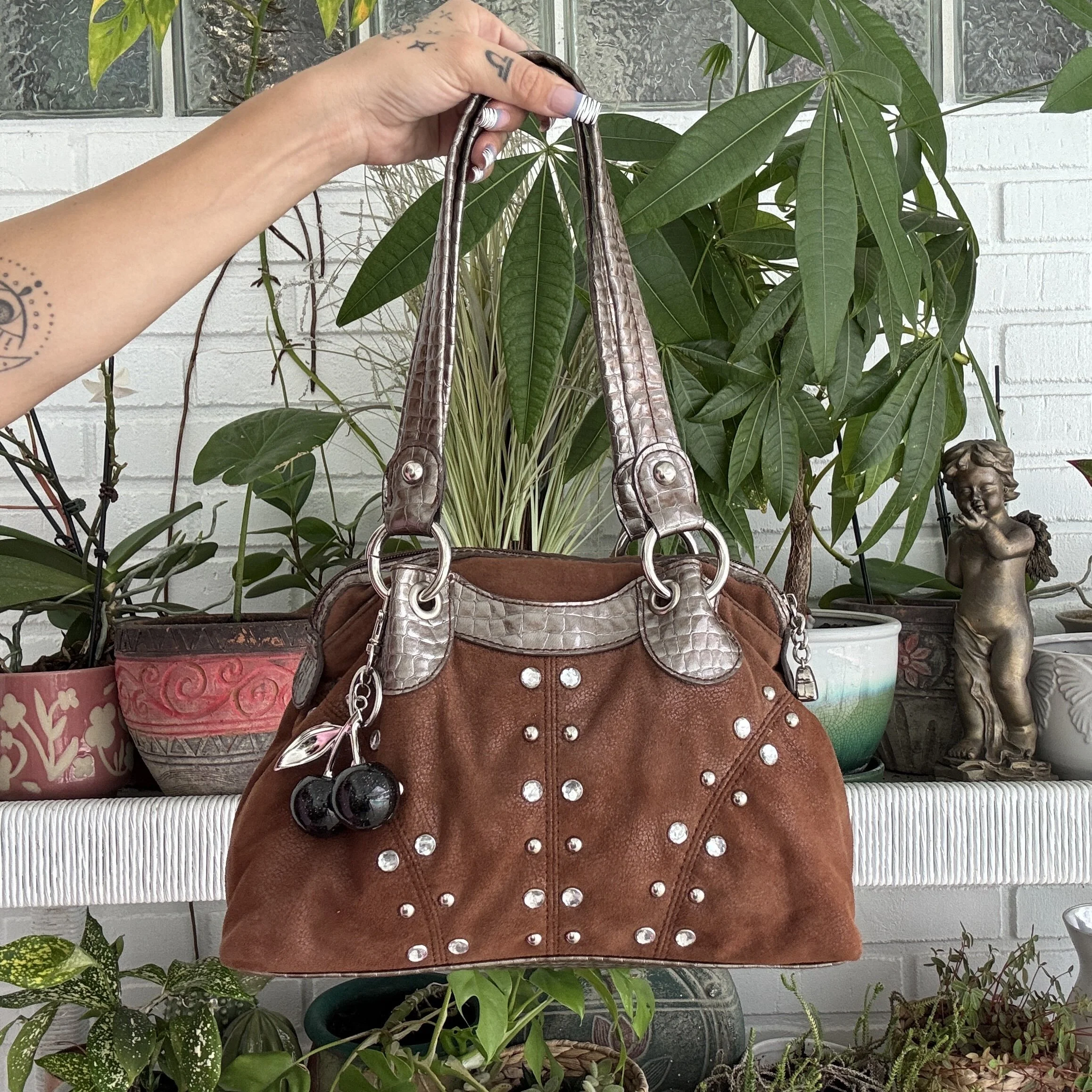 Kathy Van Zeeland Studded Brown Faux Suede Purse