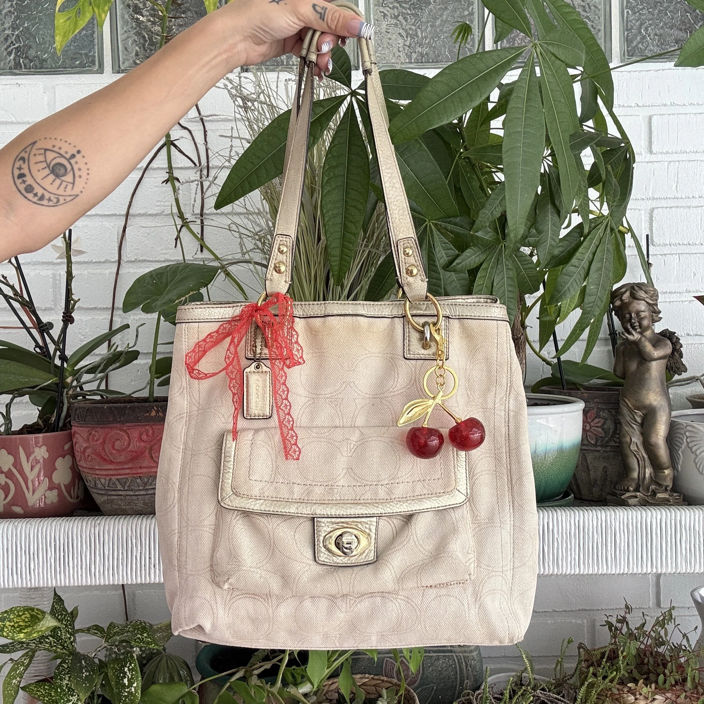 Coach Penelope Signature Monogram Cream & Gold Metallic Tote Bag