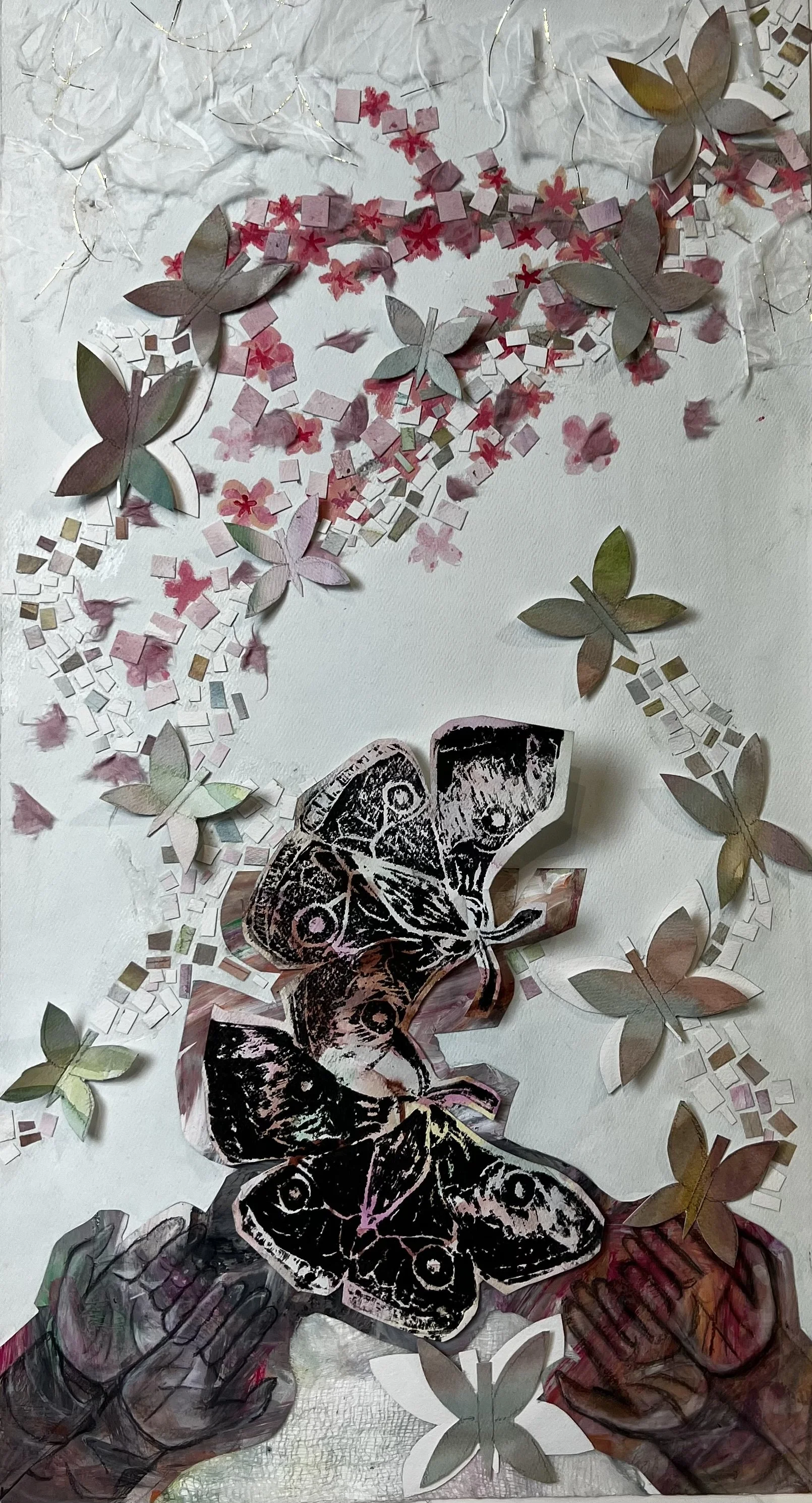 A collage featuring paper butterflies, confetti, and cotton-like pink and red flower petals on a white background.