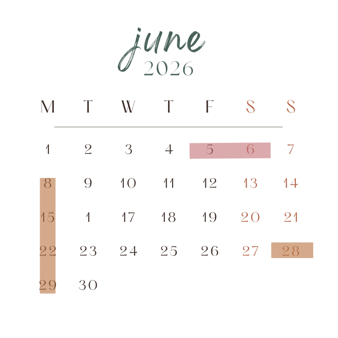 June 2026 calendar in a minimalist style, with selected dates highlighted in soft pastel shades.