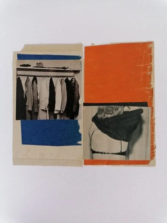 Collage with vintage photographs of hanging clothes and a woman from behind, with colored paper backgrounds in blue, orange, and beige.