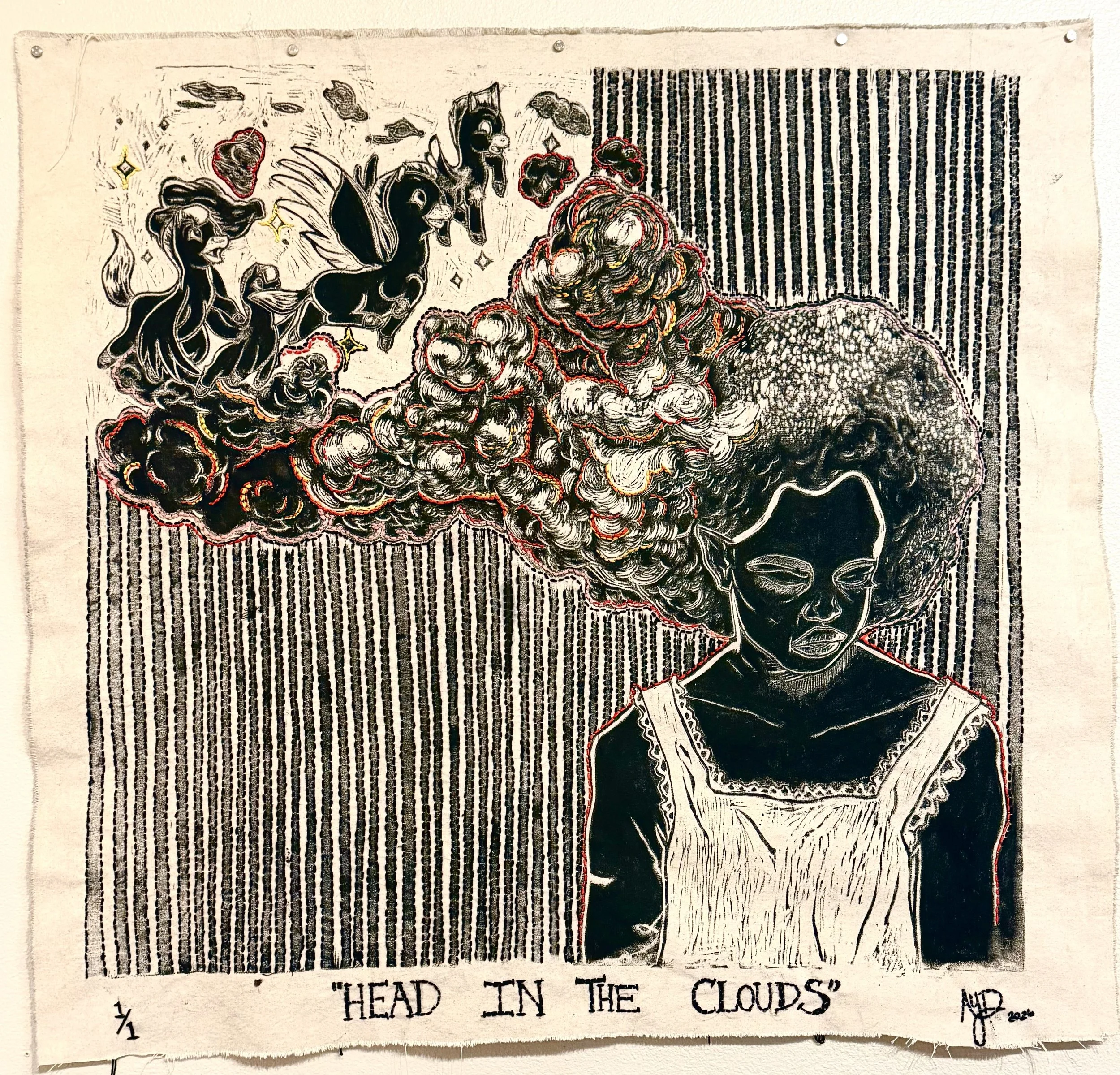 Head in the Clouds, Linocut on Canvas w/ Embroidery , 2026
