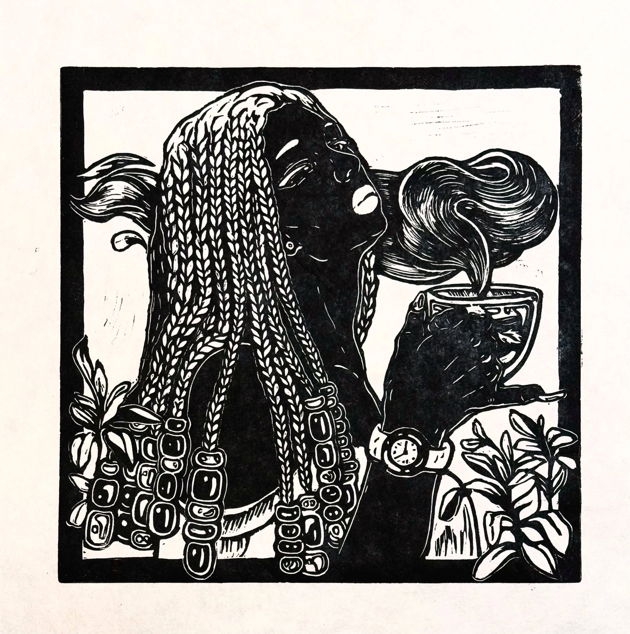 Black Tea with Honey, Linocut on Kozo, 2025