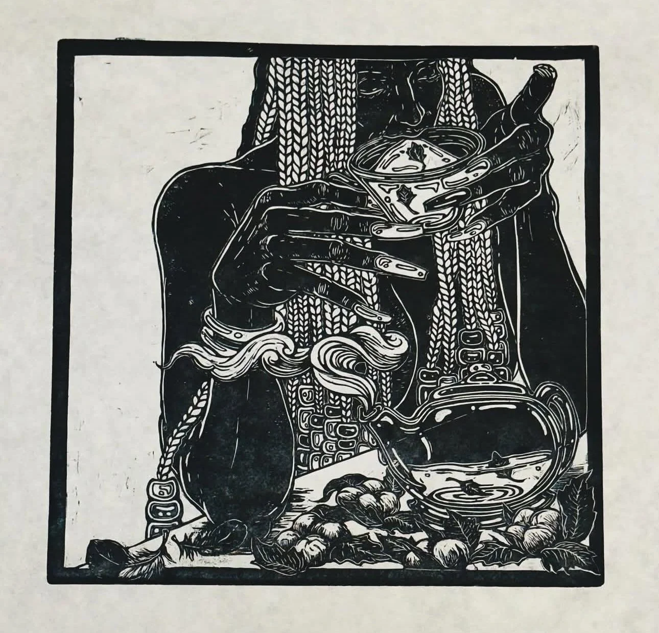 Sip, Sip, Linocut print on Kozo paper, 2025