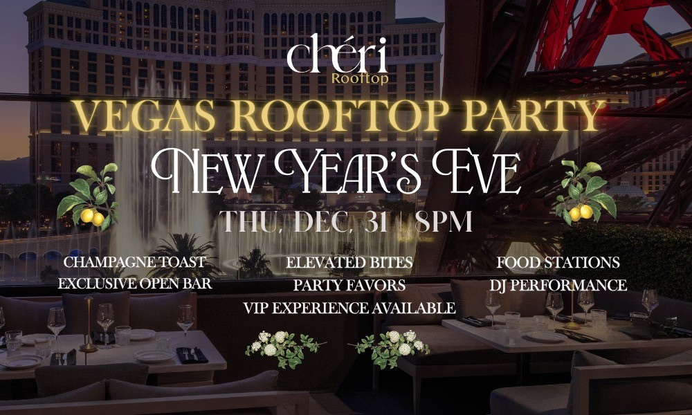 vegas Rooftop party Thursday, Dec 31 at 8pm champagne toast, exclusive open bar, elevated bites, party favors, food stations, DJ performance, VIP experience available
