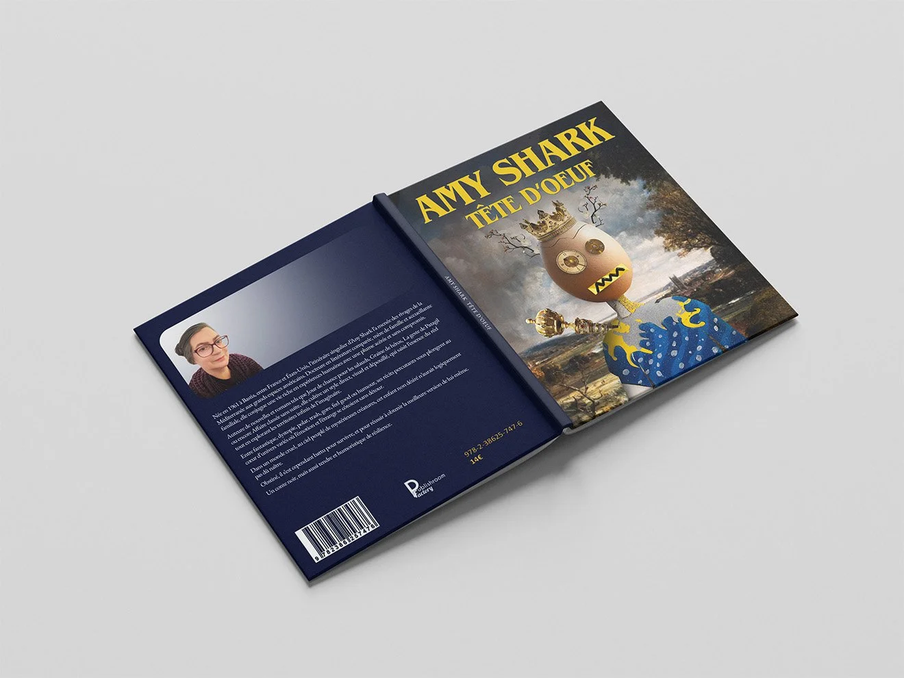 Open book with the title "Amy Shark Tête d'Ouaf" featuring colorful cartoon character cover and a blue back cover with a woman portrait and biography, barcode, and ISBN.
