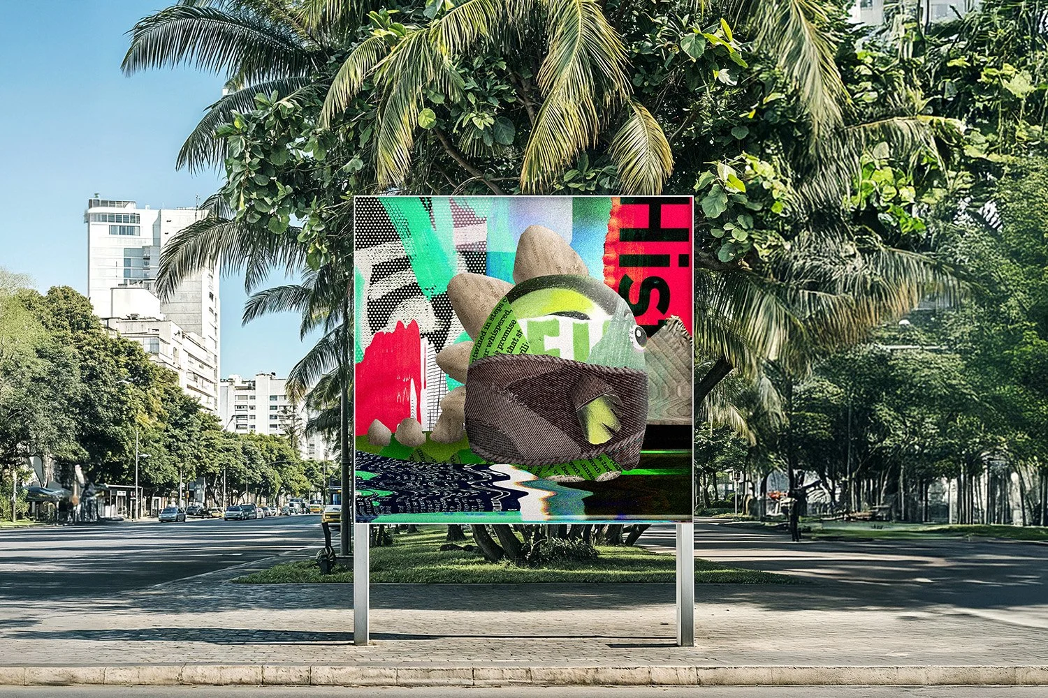 An advertisement billboard featuring a collage of abstract and surreal elements includes a large eyeball and a green creature, set in a busy city park with tall trees and buildings in the background.