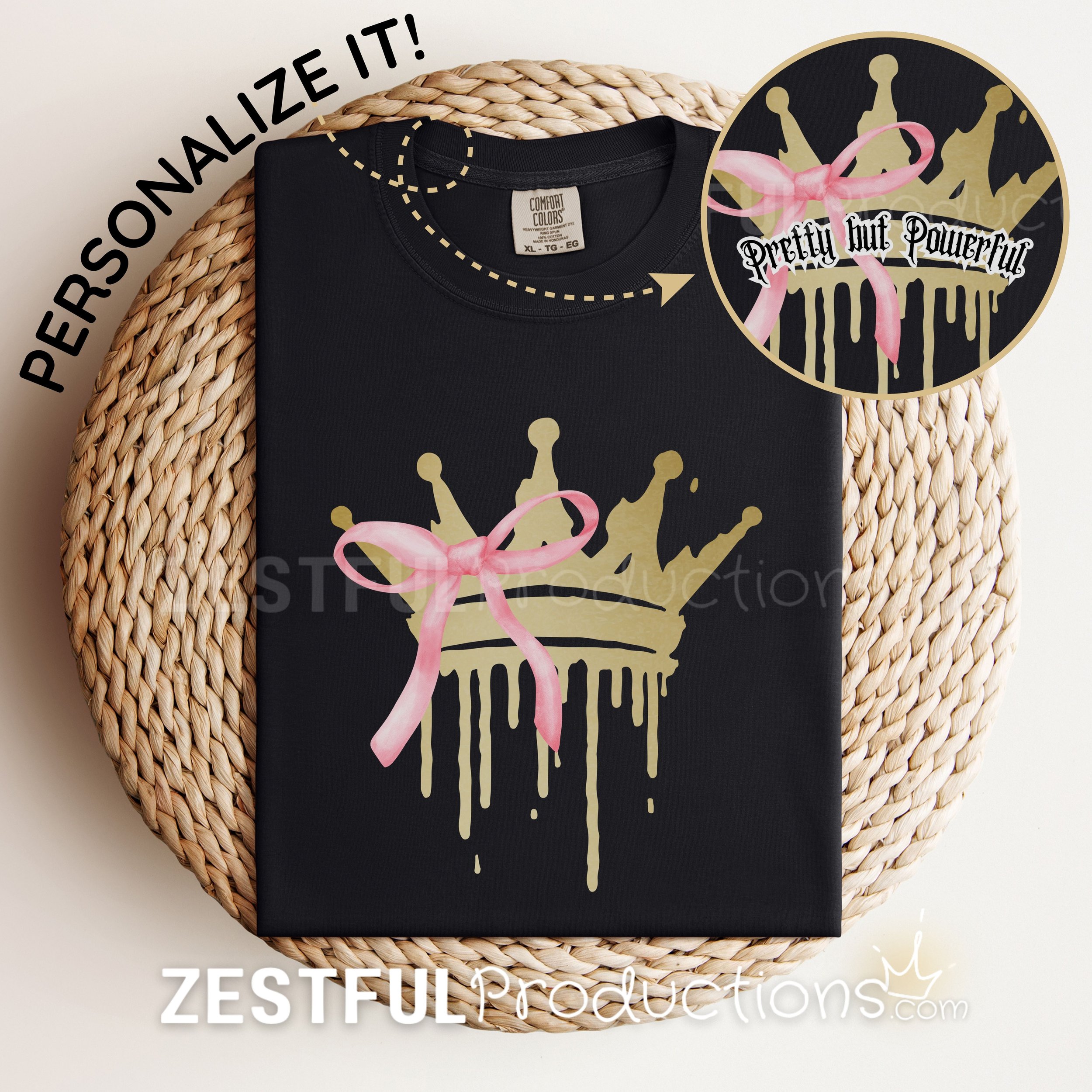 Dripping Crown T-Shirt with Coquette Pink Bow – Chic and Customizable