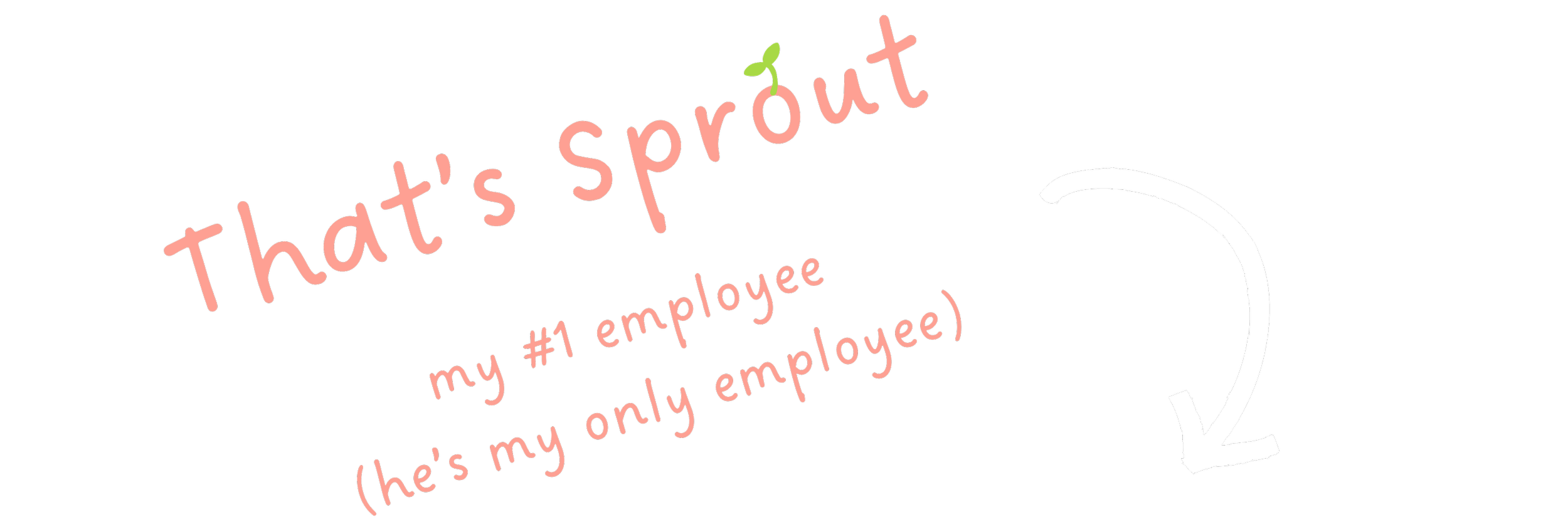 Humorist greeting card with black background, pink text saying "That's Sprout," smaller text saying "my #1 employee (he's my only employee)," and a white arrow pointing to a sprout above the text.