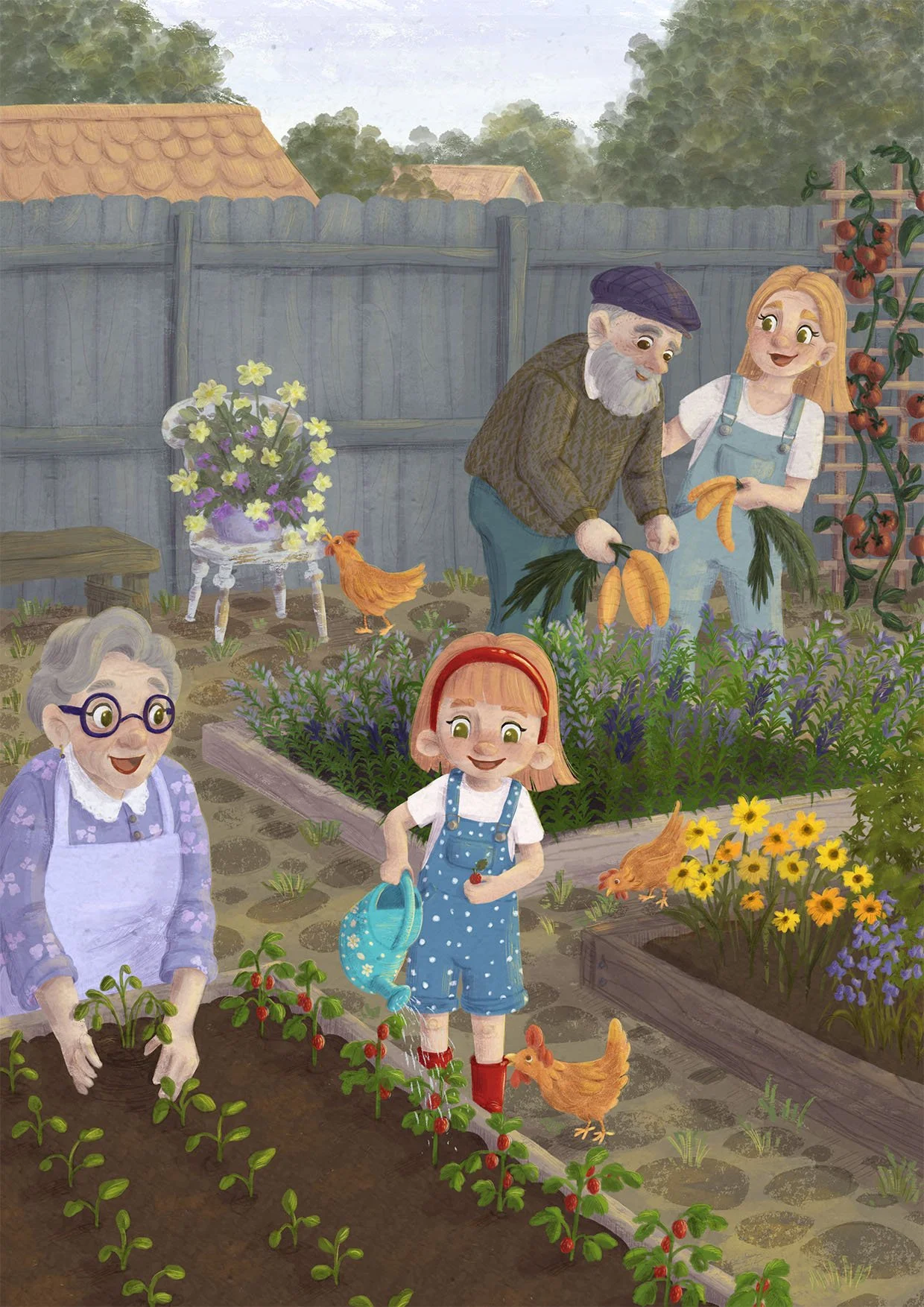 Full page illustration for Picture Book: Family Gardening