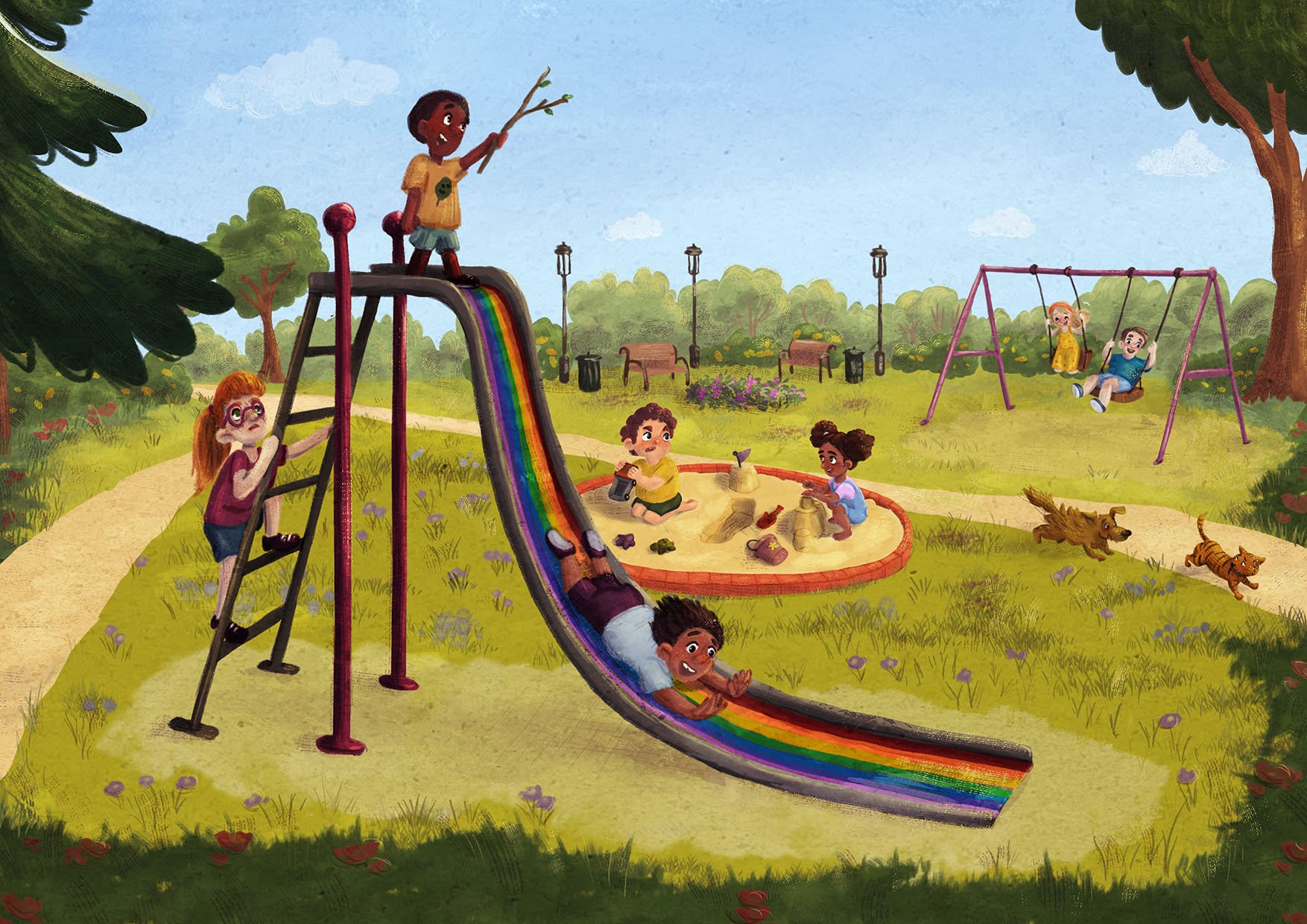 Full page illustration for Picture Book: The rainbow playground