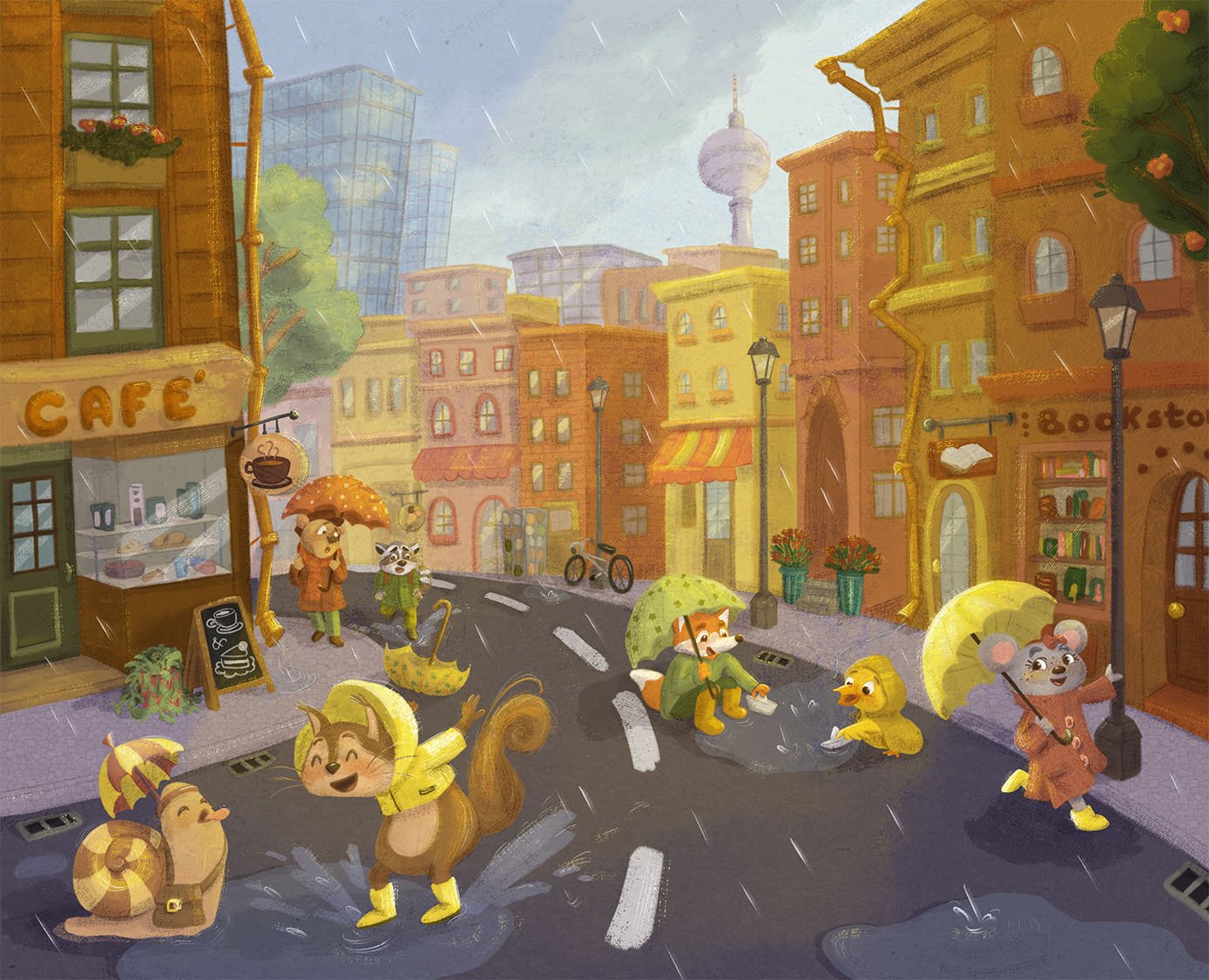 Full page illustration for Picture Book: Rainy Day Parade