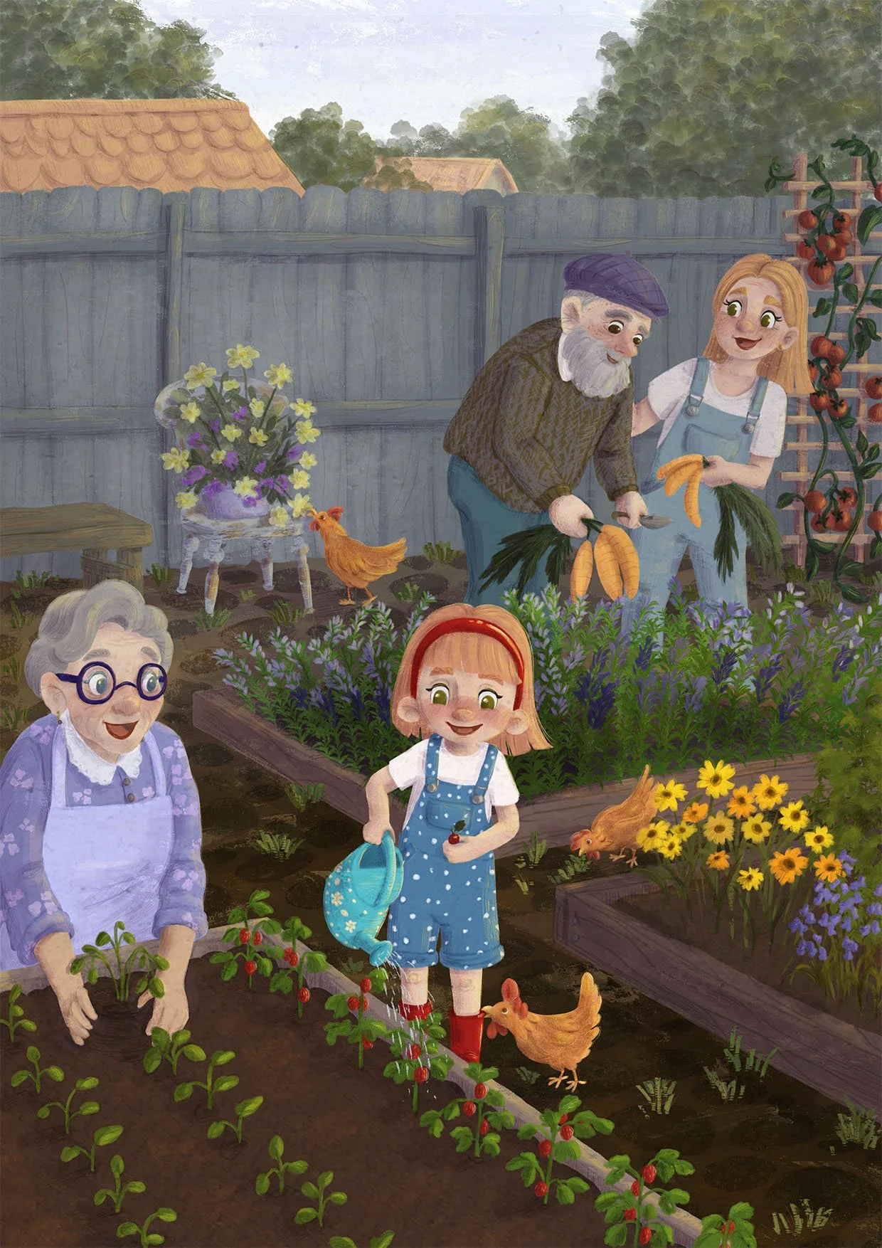 Full page illustration for Picture Book: Family Gardening