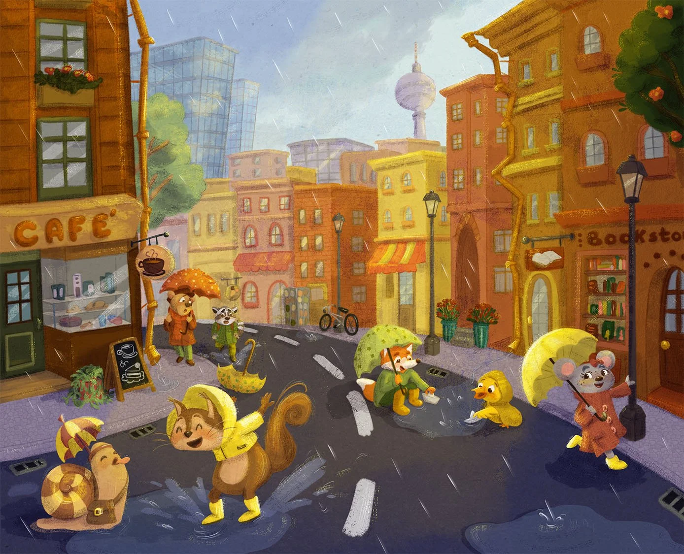 Full page illustration for Picture Book: Rainy Day In The City
