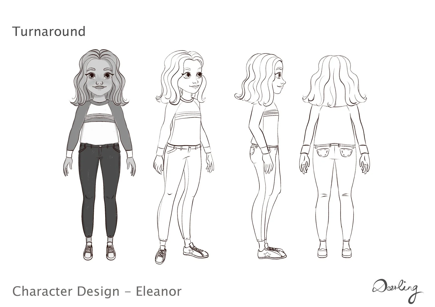 Character Turnaround for Eleanor Shellstrop: 2D animation adaptation of The Good Place