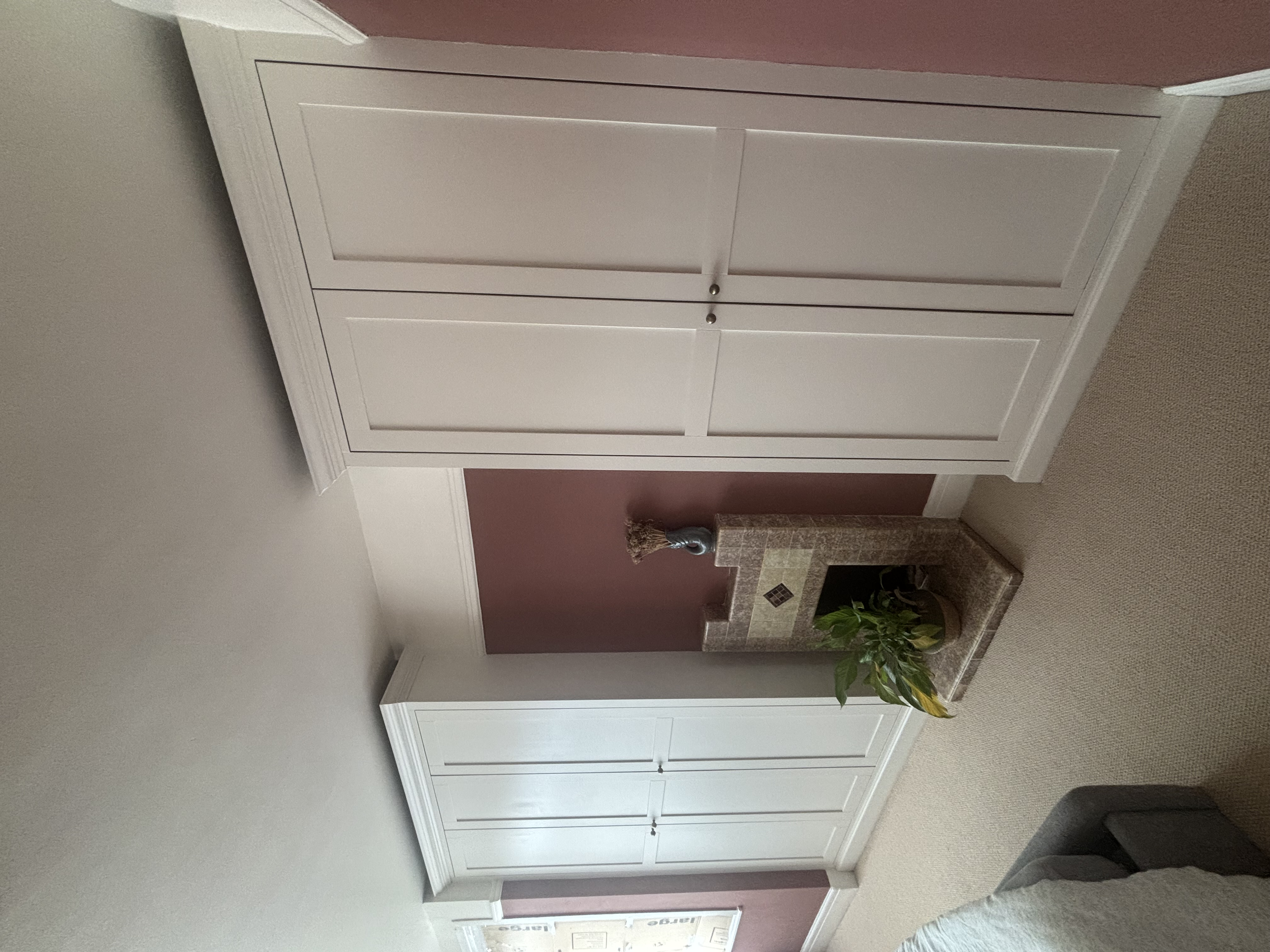 White cabinet with four large doors and two small knobs, situated against a wall with a maroon-colored area above. To the right is a granite counter and a potted plant on the floor.